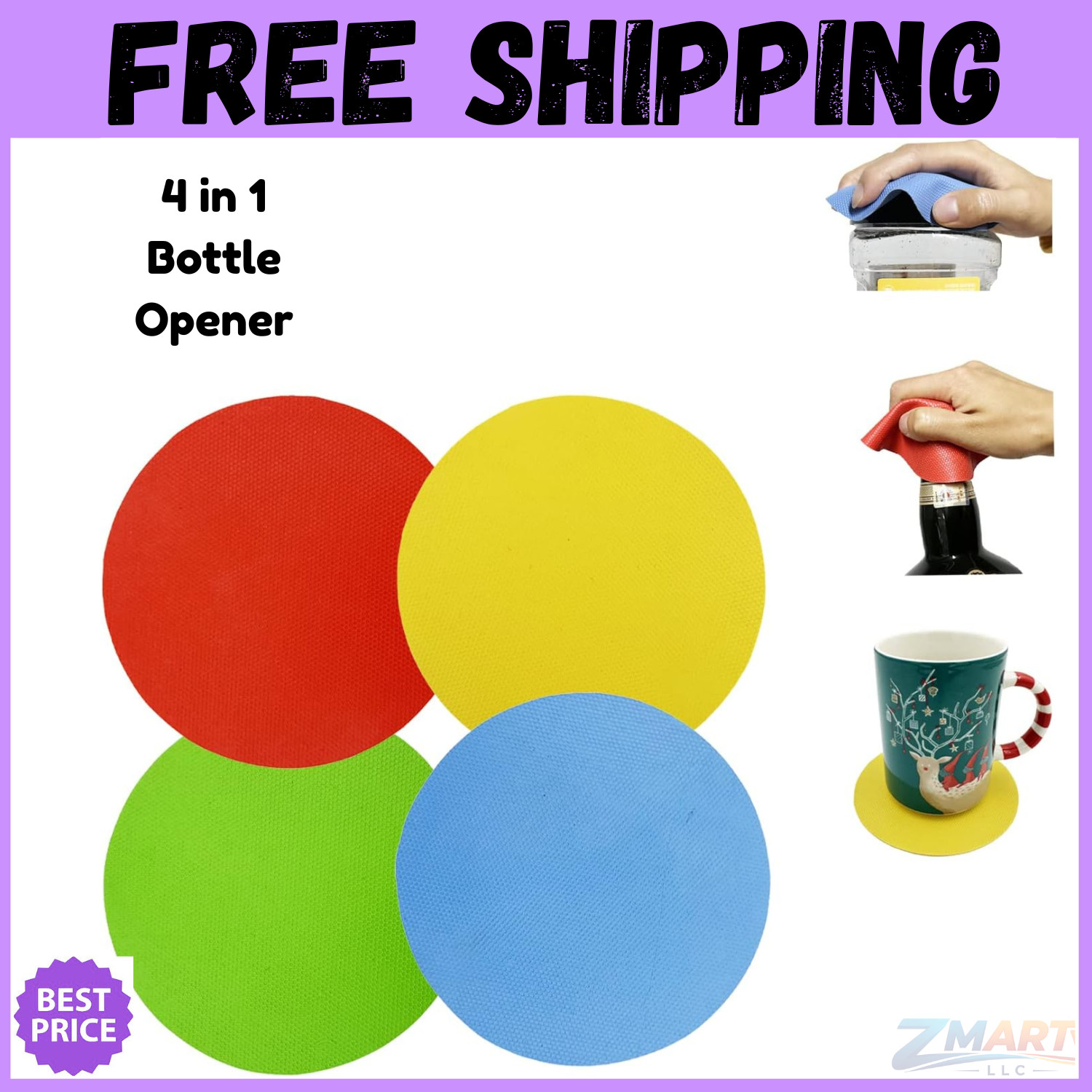 4 Pack Rubber Jar Lid Opener Gripper Pads for Weak Hands Seniors Kitchen – NEW