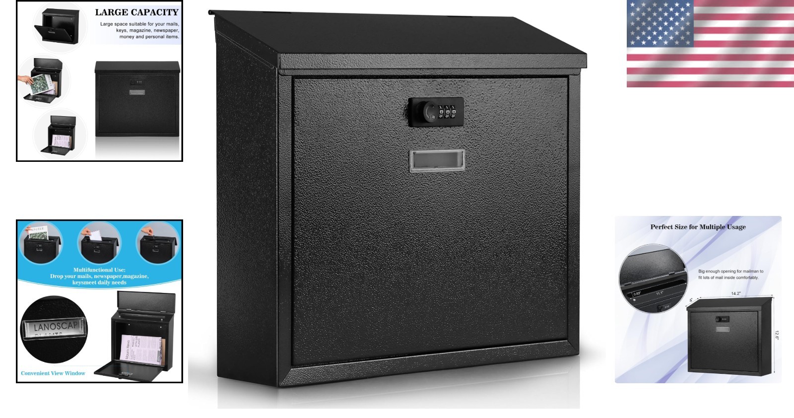 Modern Large Capacity Locking Mailbox with Combination Lock – Black Finish