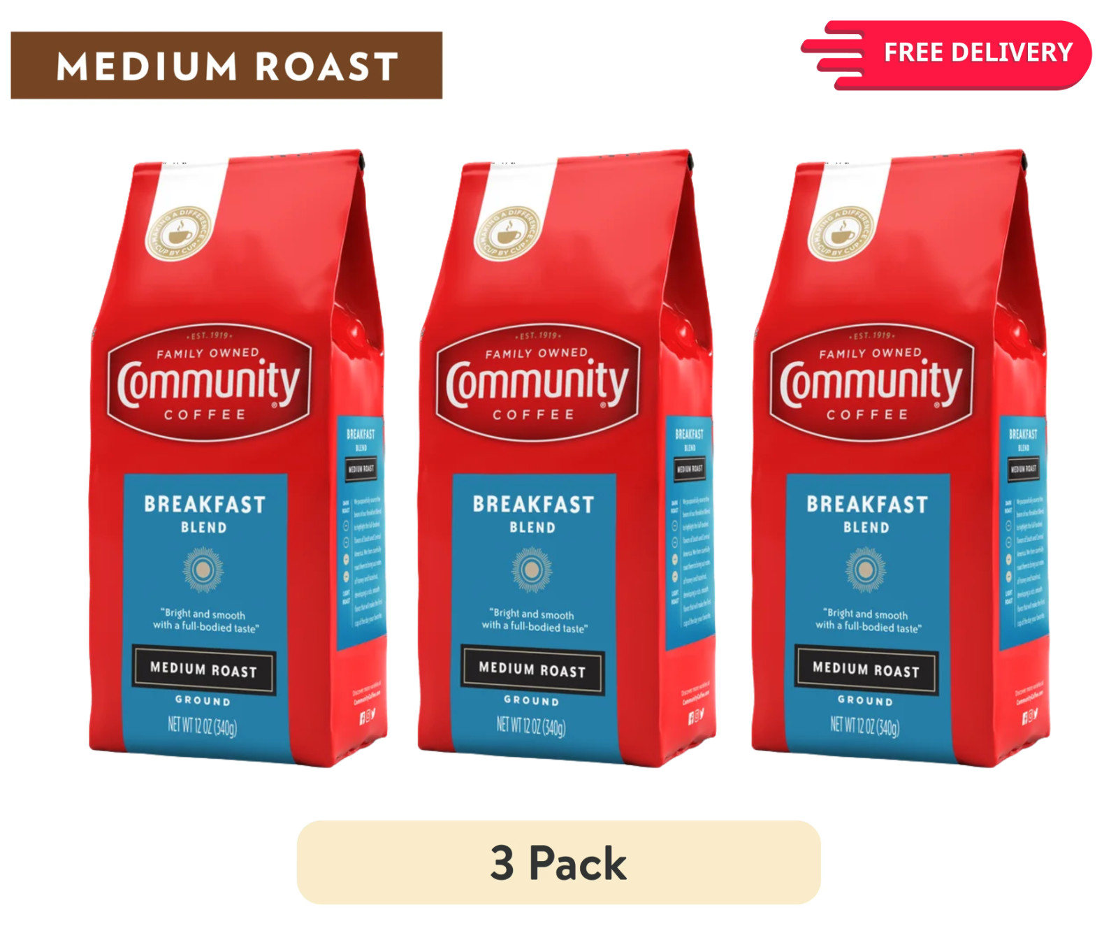 Community Coffee Breakfast Blend 12 Ounces, Medium Roast Ground Coffee, 12oz Bag