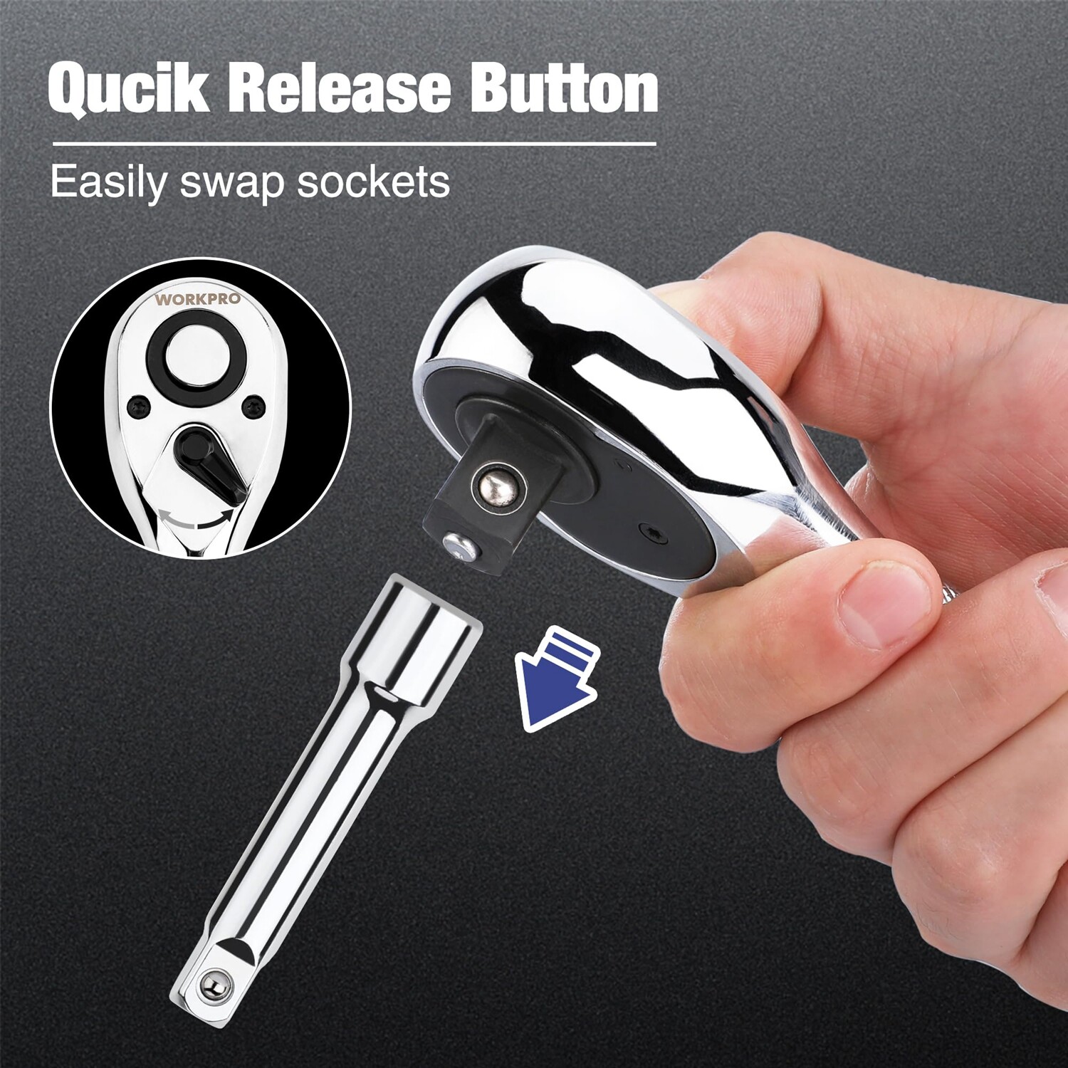 WORKPRO 3PC Stubby Ratchet Set 1/4″ 3/8″ 1/2″ Drive Ratchet Handle Quick Release