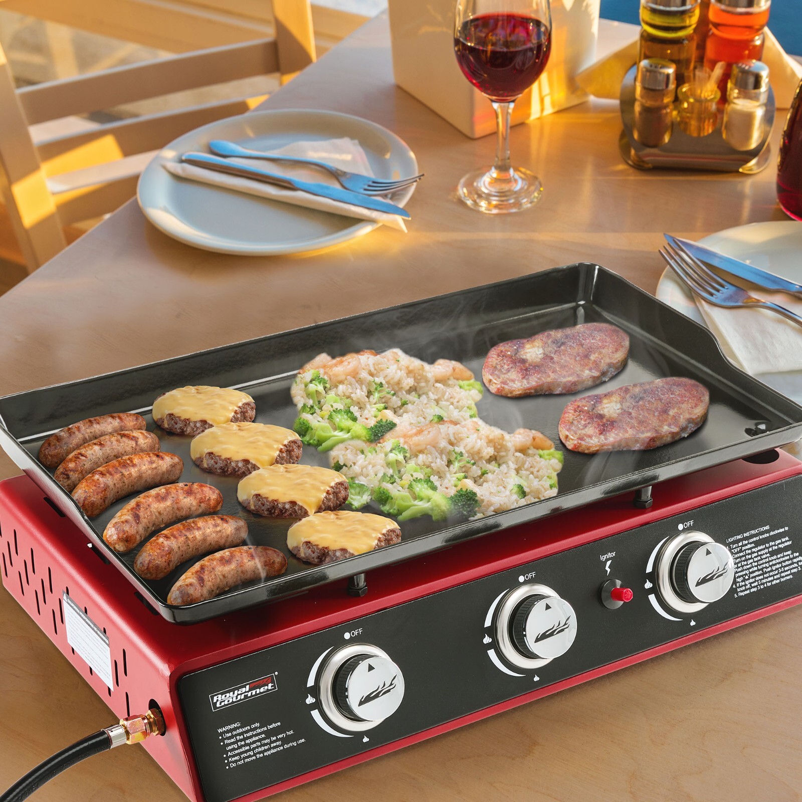 Royal Gourmet 3-Burner Portable Griddle Outdoor BBQ Tabletop Propane Gas Grill