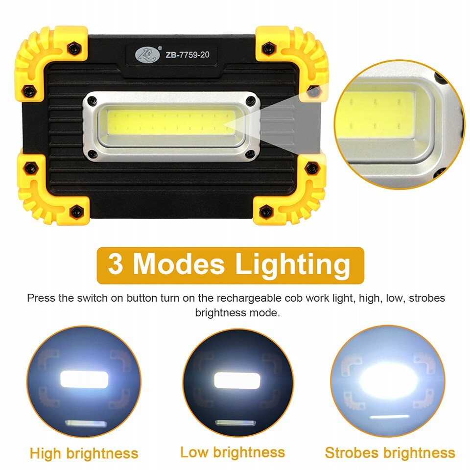 2Pcs LED+COB Work Light USB Rechargeable Spotlight Floodlight Camping Emergency