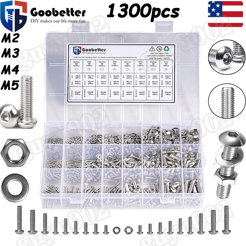 1300Pcs M2 M3 M4 M5 Button Head Socket Cap Screw Bolts Nuts Washers Assortment