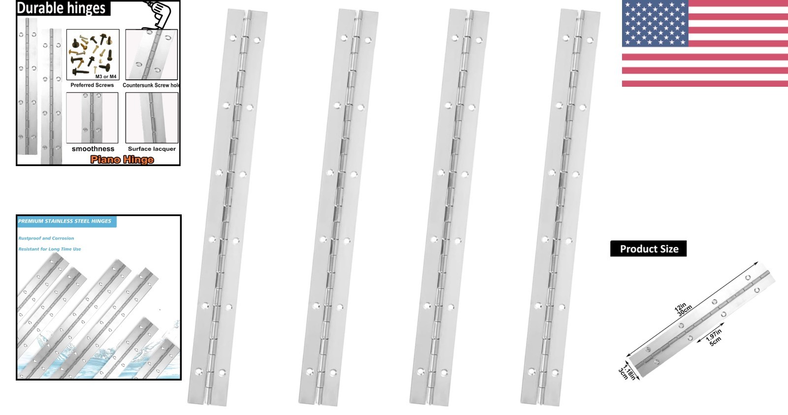 Polished Stainless Steel Piano Hinges – 12 Inch, 4 Pack for Easy Installation