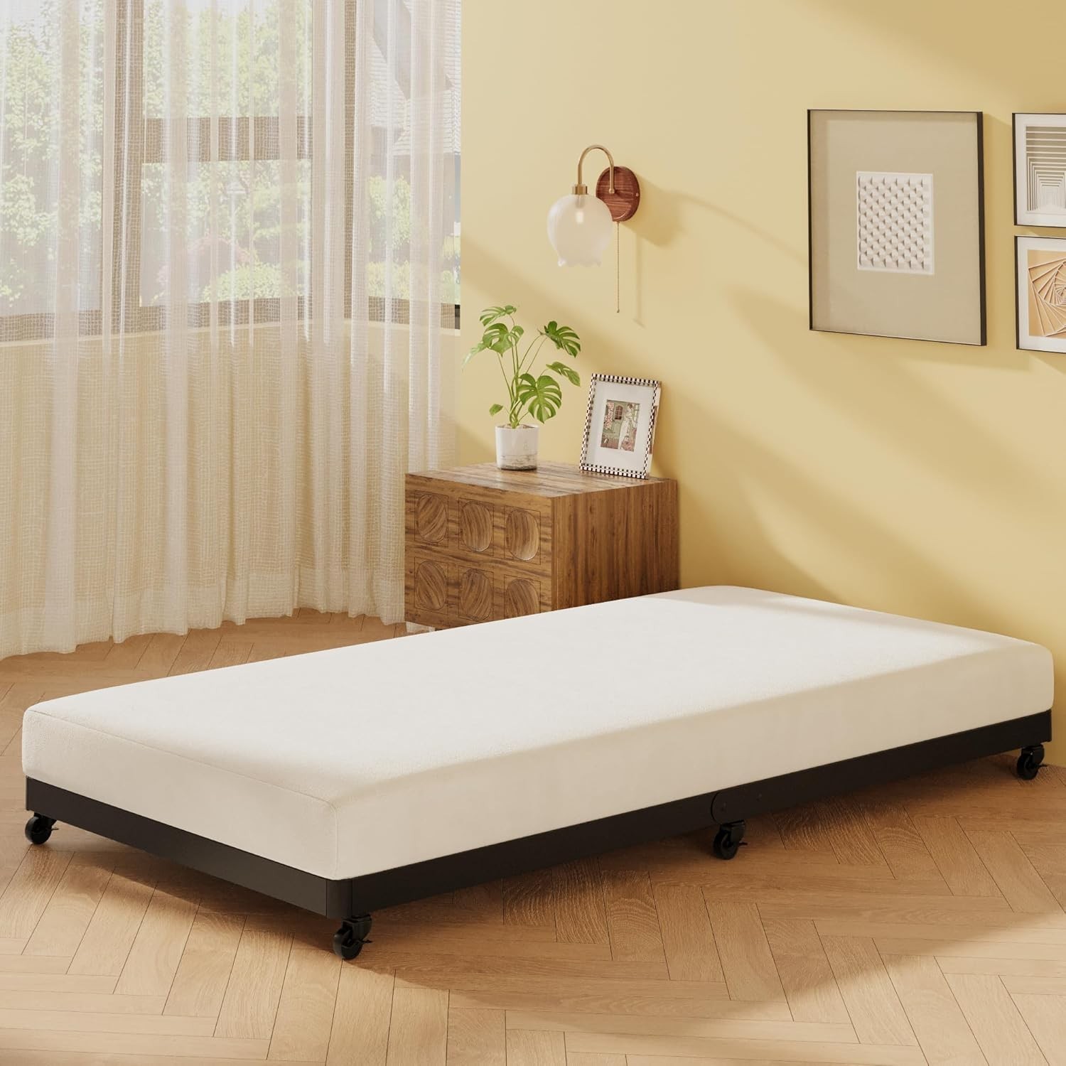 Trundle Bed Twin with 6 Lockable Casters, Roll Out Twin Trundle Bed Frame wit…