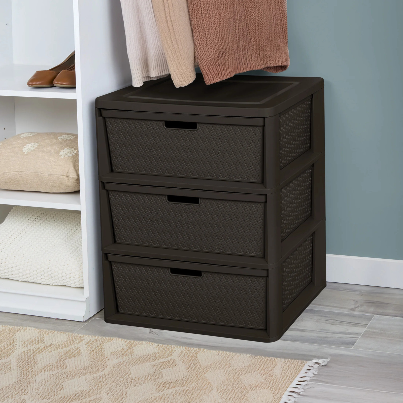 Wide 3 Drawer Tower, Plastic Storage Organizer with Removable Decorative Bins, E