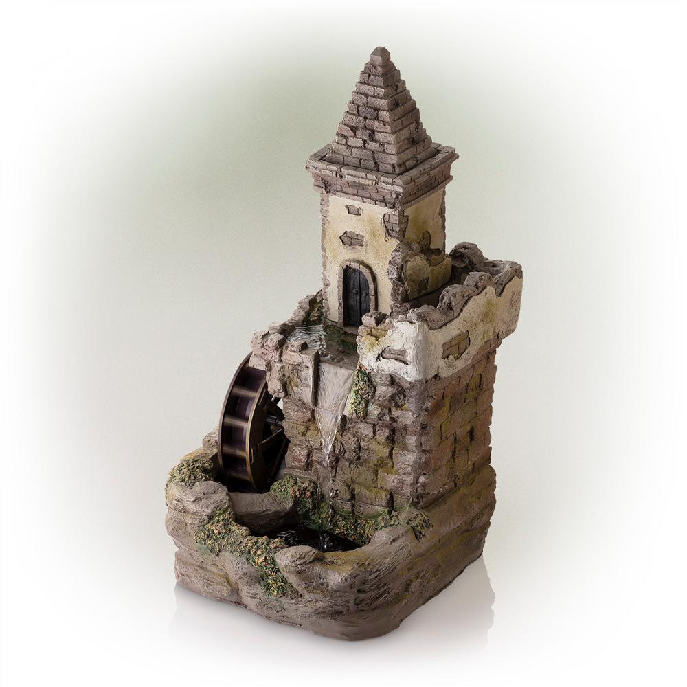 35 in. Tall Outdoor Fairy Castle Waterwheel Tiered Fountain Yard Art Decoration