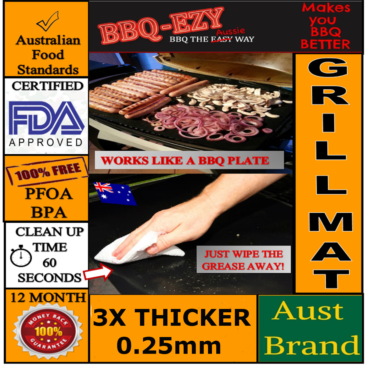 AUSSIE BBQ GRILL MAT RIGID (3 x Thicker) Reusable NonStick +Money Back Guarantee
