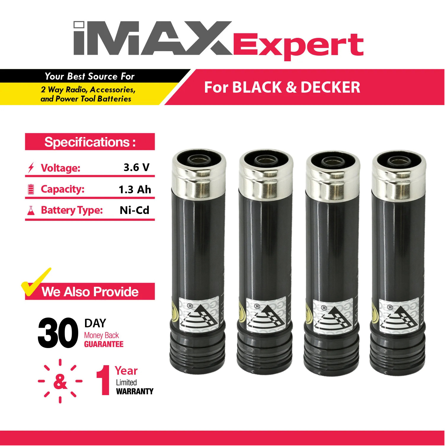 4x 3.6V 1.3Ah NiCd Battery for Black & Decker VP100, VP110, VP130, VP143