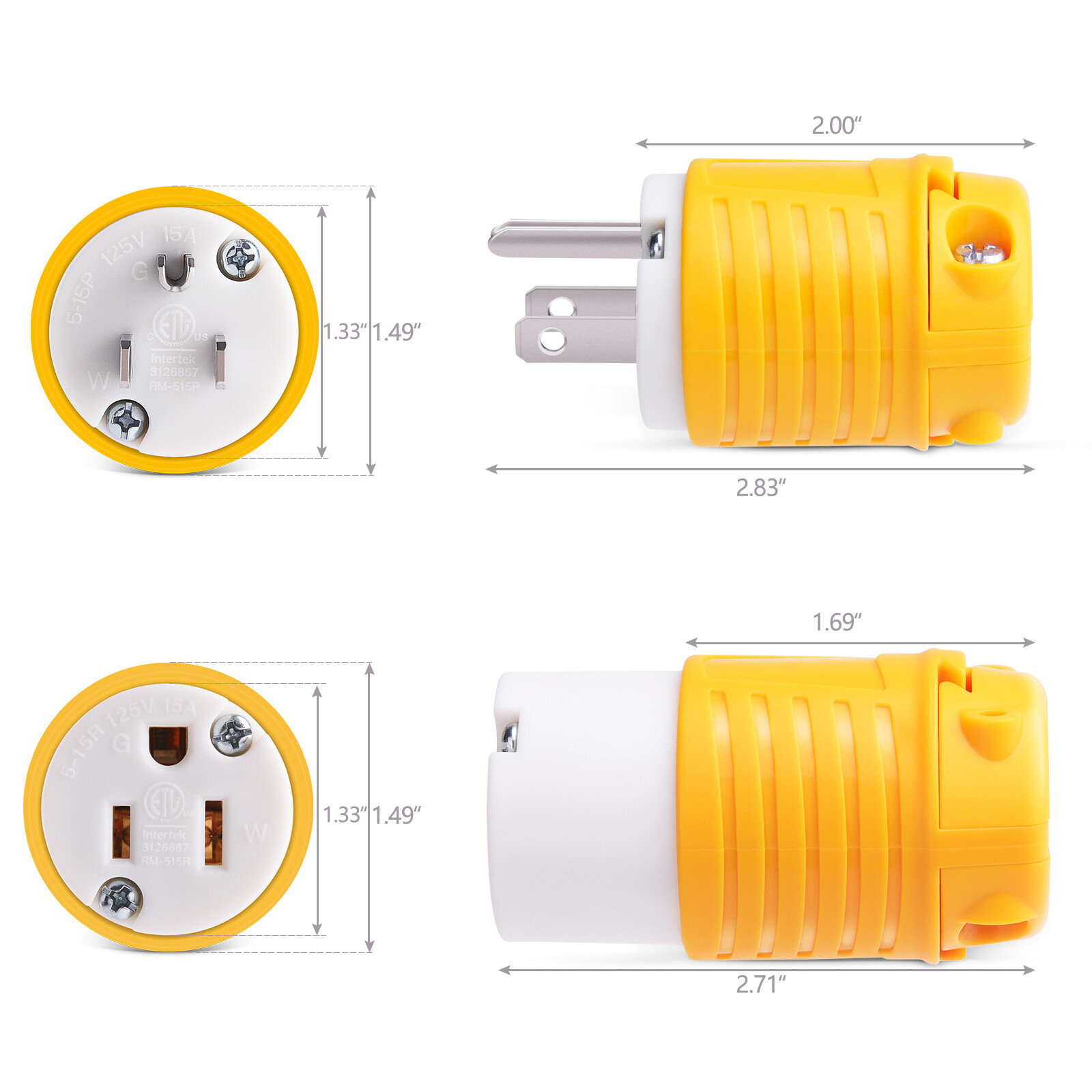 Extension Cord Ends Male and Female, 15 Amp 125 Volt Heavy Duty Replacement Plug