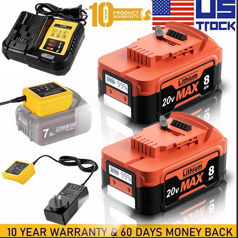 1-2Pack For DeWalt 20V 20Volt Max 8.0AH Lithium Battery DCB202-2 DCB204/Charger