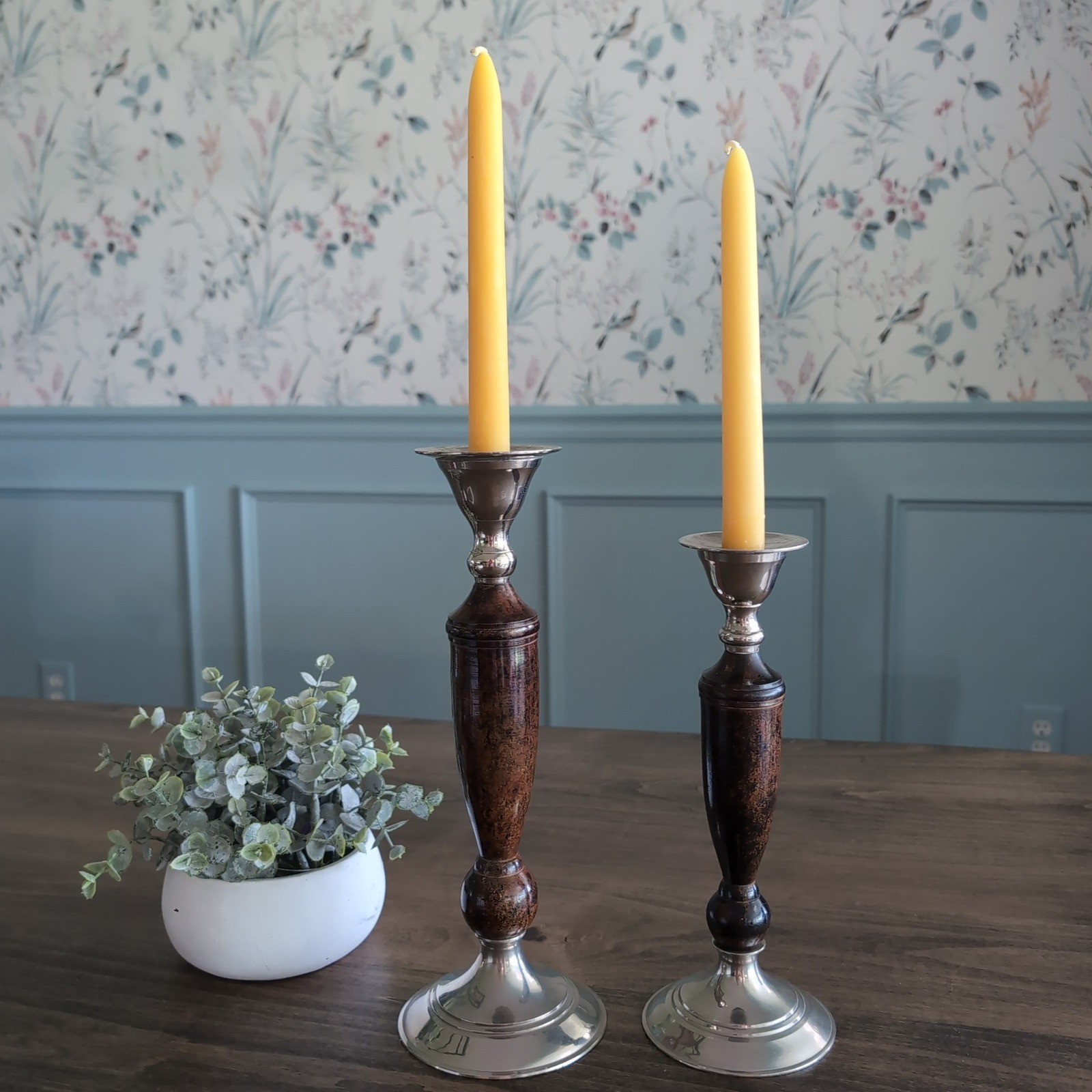 Vintage Candlestick Holders Silver Lacquered Wood~ Metal Set of 2~ India 70s MCM