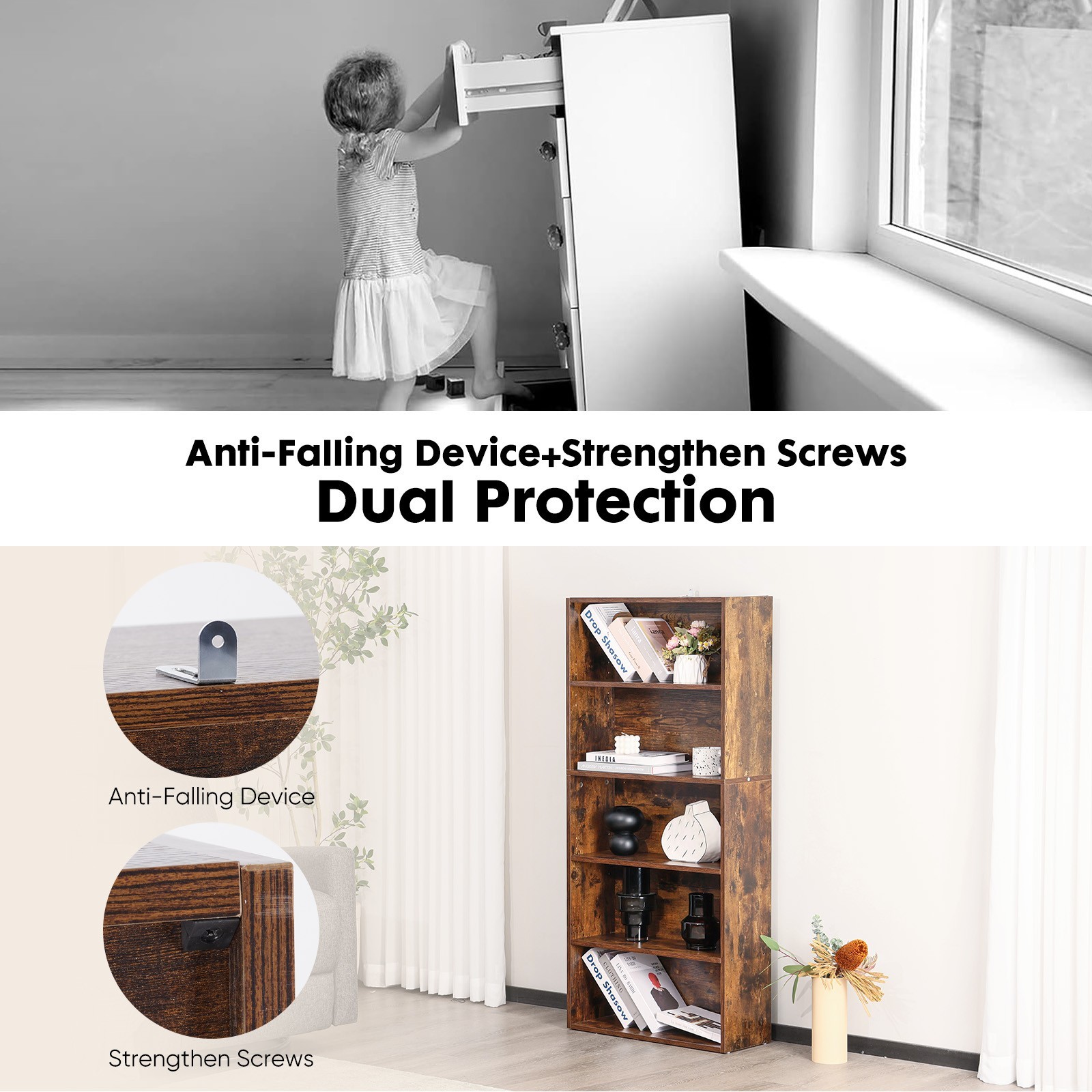 Bookshelf 5 Tier Storage Shelf Adjustable Bookcase Open Wood Magazine Organizer