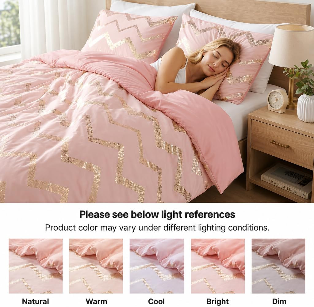 Twin Comforter Set for Teens and Adults, 3-Piece Pink and Gold Bedding, Warm and