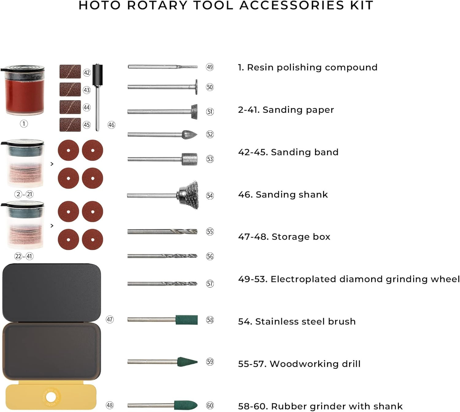Rotary Tool Accessories Kit, 60-Piece Set, Fits 1/8” (3.2mm) & 3/32” (2.3mm),