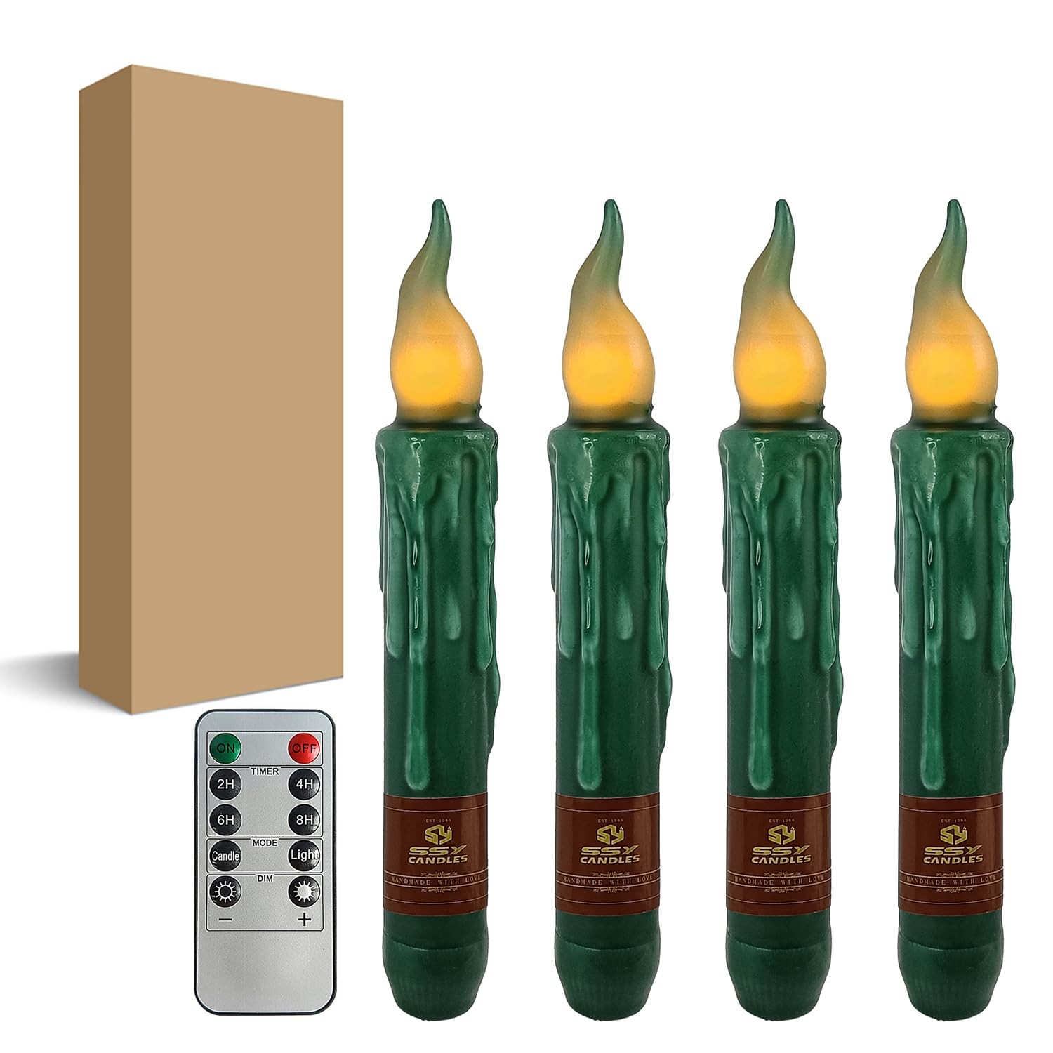 4 PCS 6.7 In Dark Green Flameless Short Taper Candles Real Wax Remote LED Light
