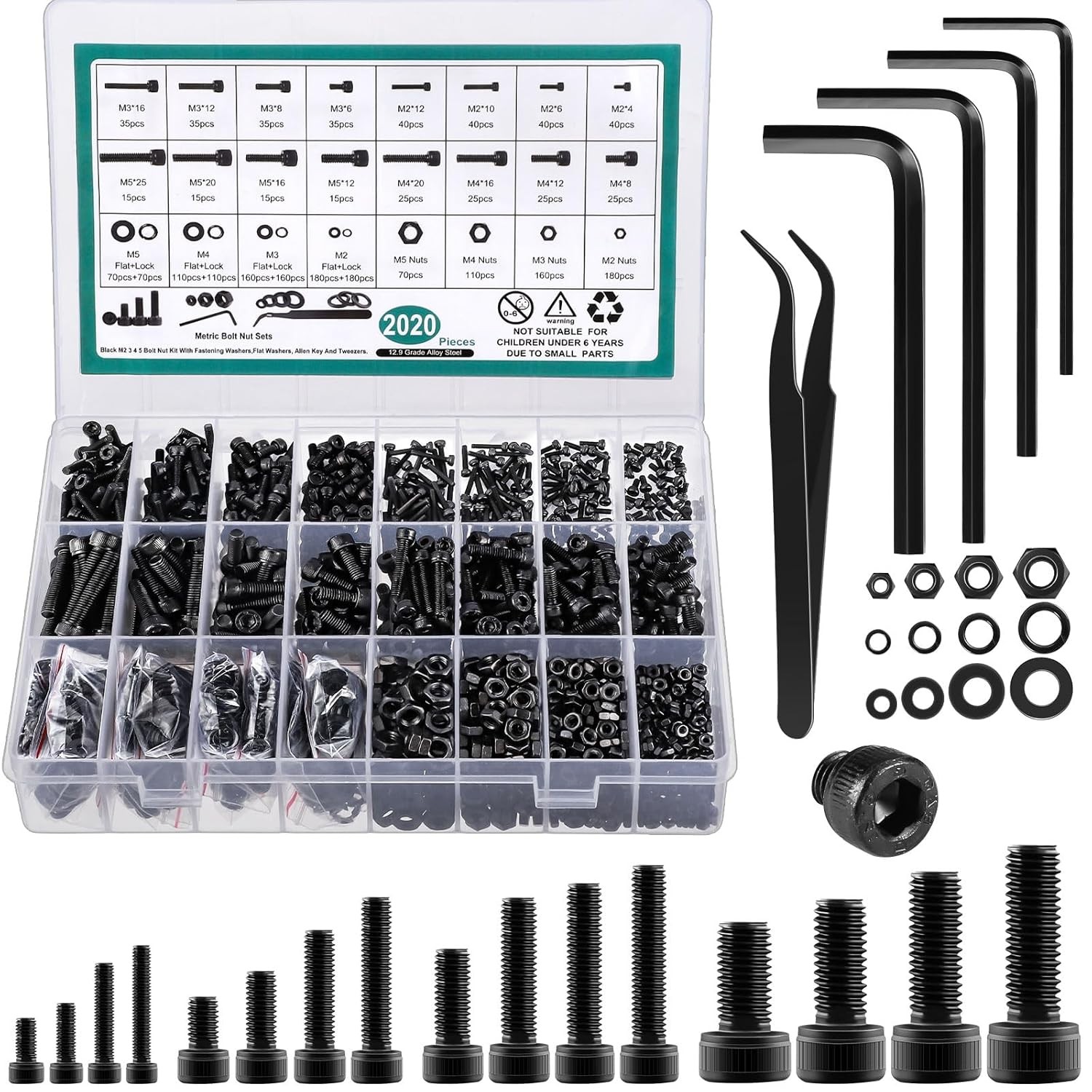 M2/M3/M4/M5 4-35mm Hex Button/Socket Head Screws Bolts Nut Washer Assortment Kit