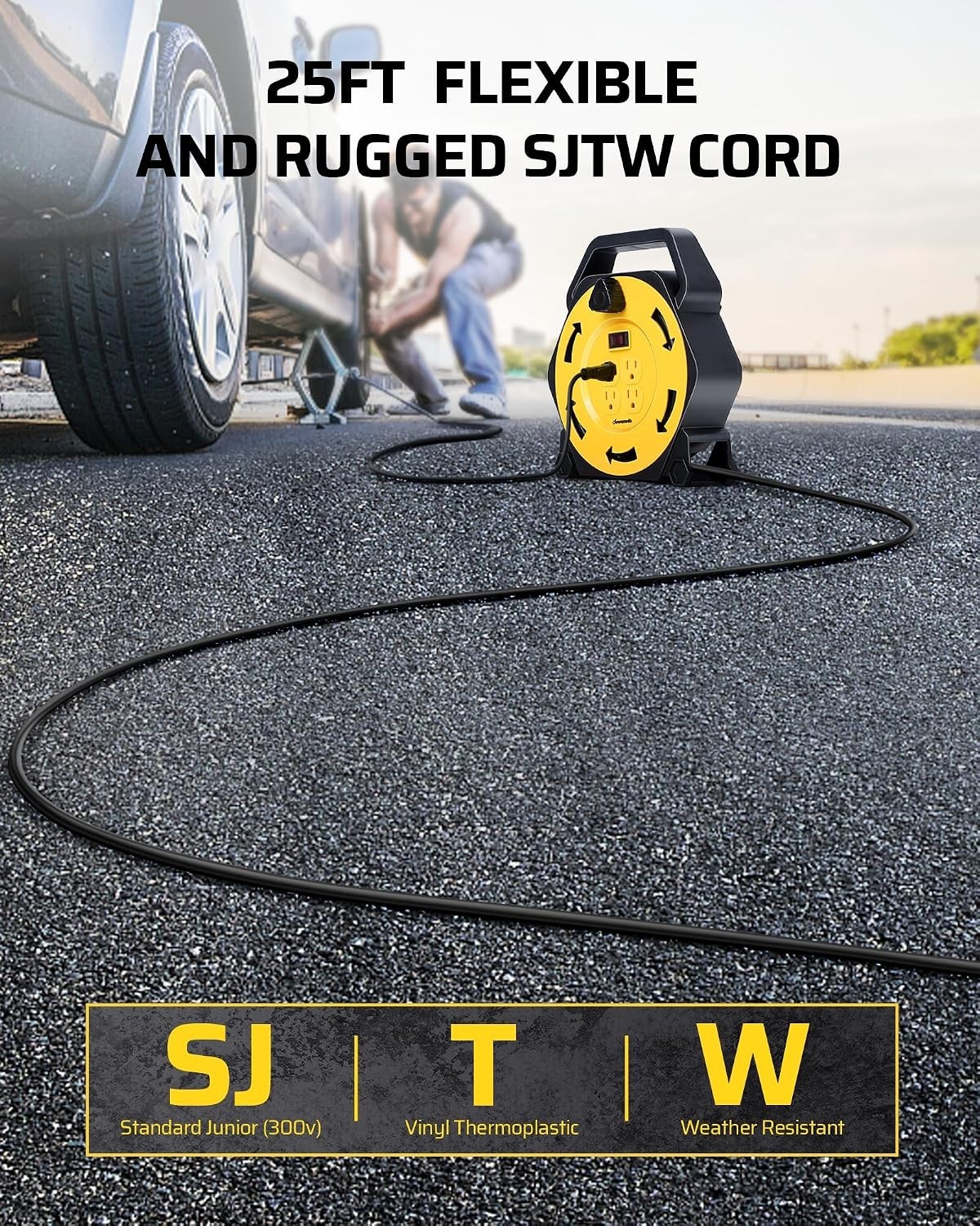 25FT Retractable Extension Cord Reel with 4 Grounded Outlets – Portable & Safe