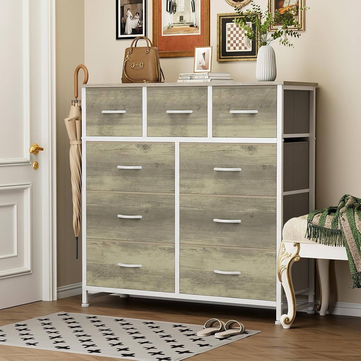 9 Storage Drawer Dresser for Bedroom Tall Wood Dresser with Fabric Storage Tower