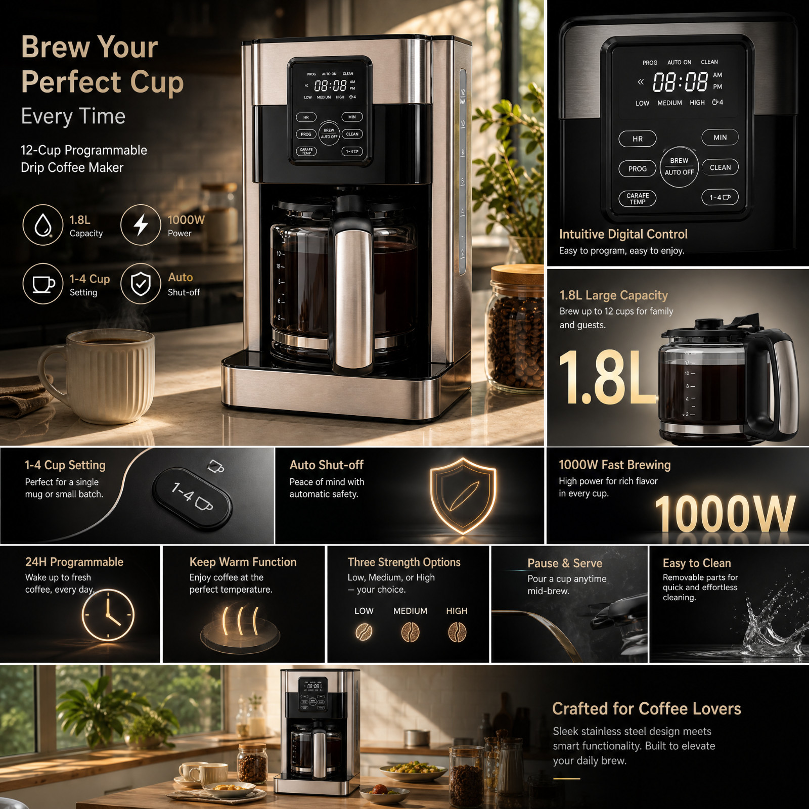 Home Drip Coffee Maker 12 Cup Programmable Brewer Glass Carafe Keep Warm