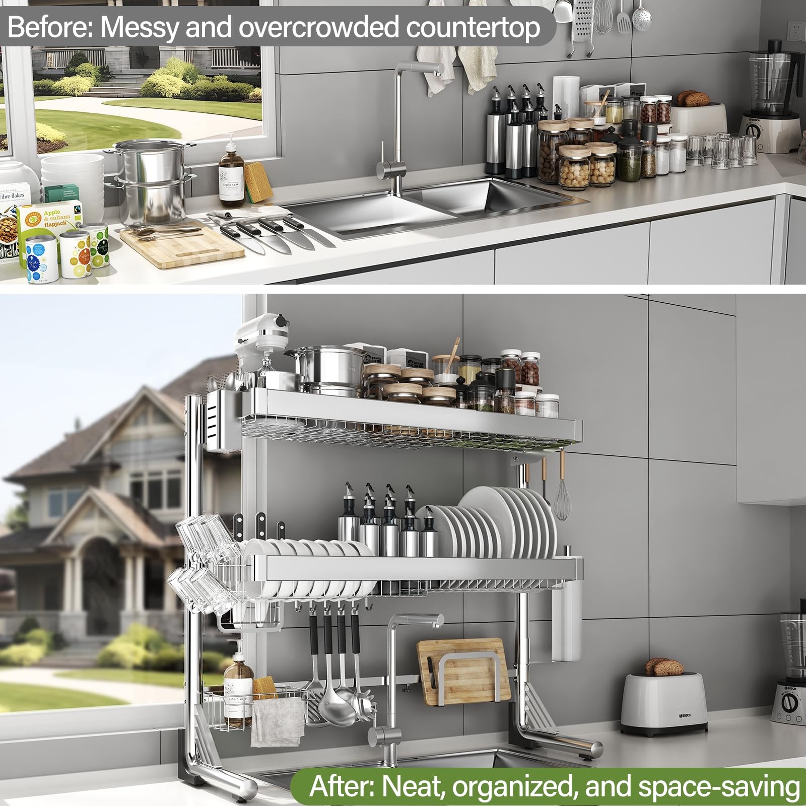 Over The Sink Dish Drainer Drying Rack 3 Tier, Full Stainless Steel Dish Dryi…