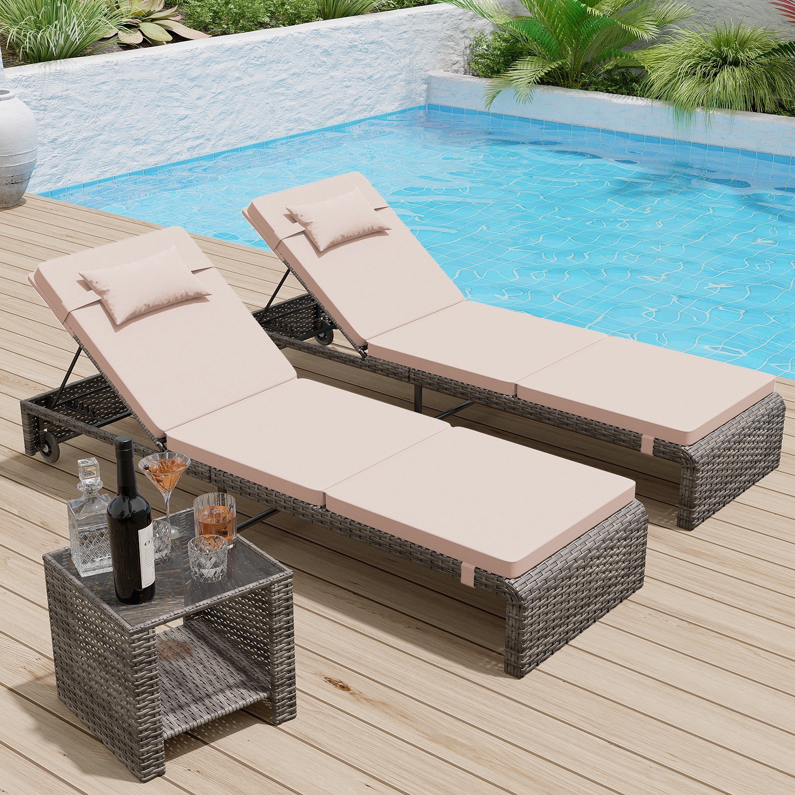 Danrelax Chaise Lounge Set (Set of 3), Modern Outdoor Patio Furniture, Beige
