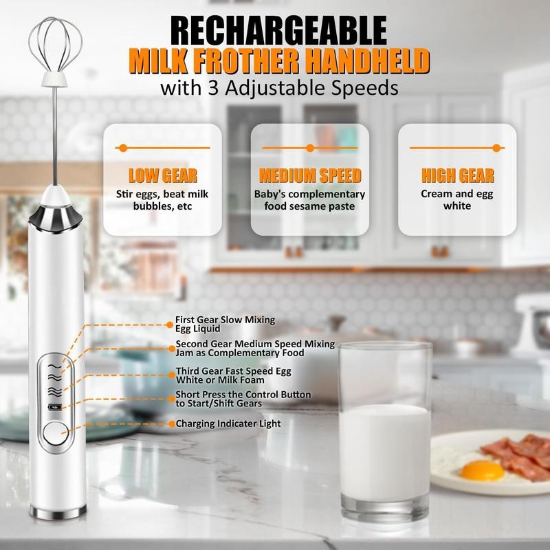 Milk Frother Wand for Coffee, Rechargeable Electric Whisk with 3 Heads