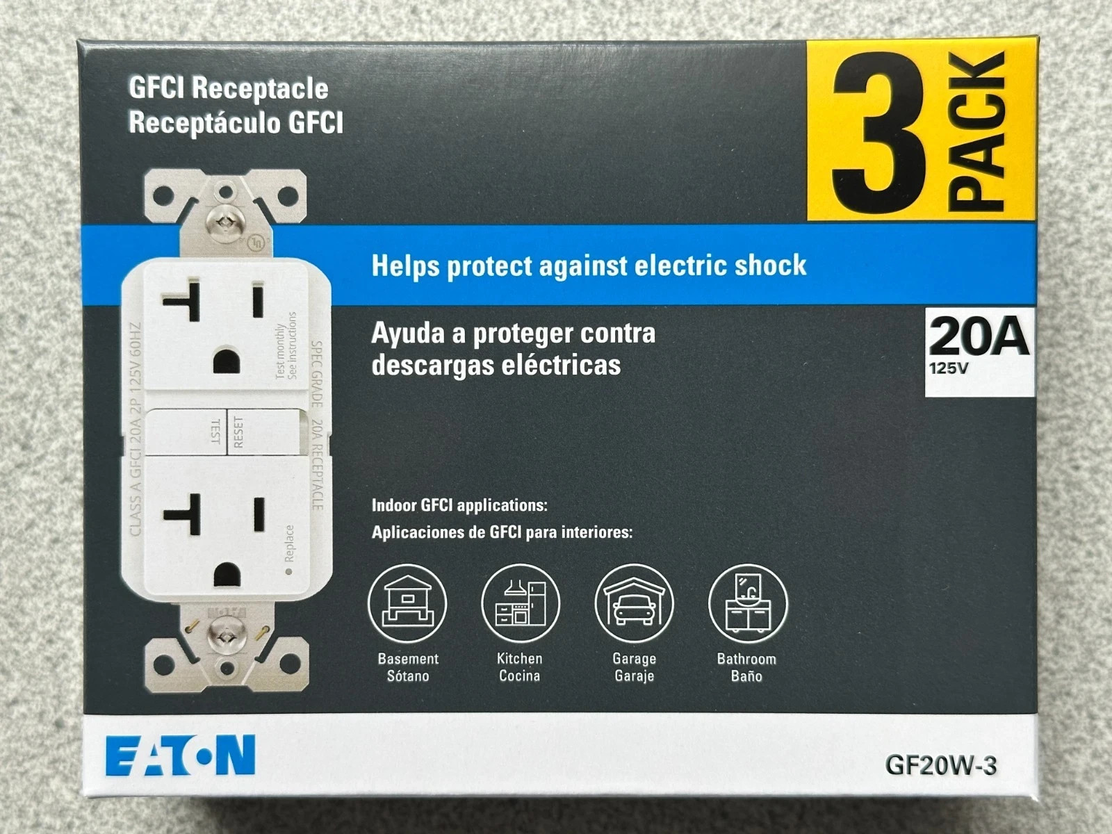 Eaton GF20W-3 White GFCI Decorator Outlet Receptacle 20A 125V (5 x 3packs)