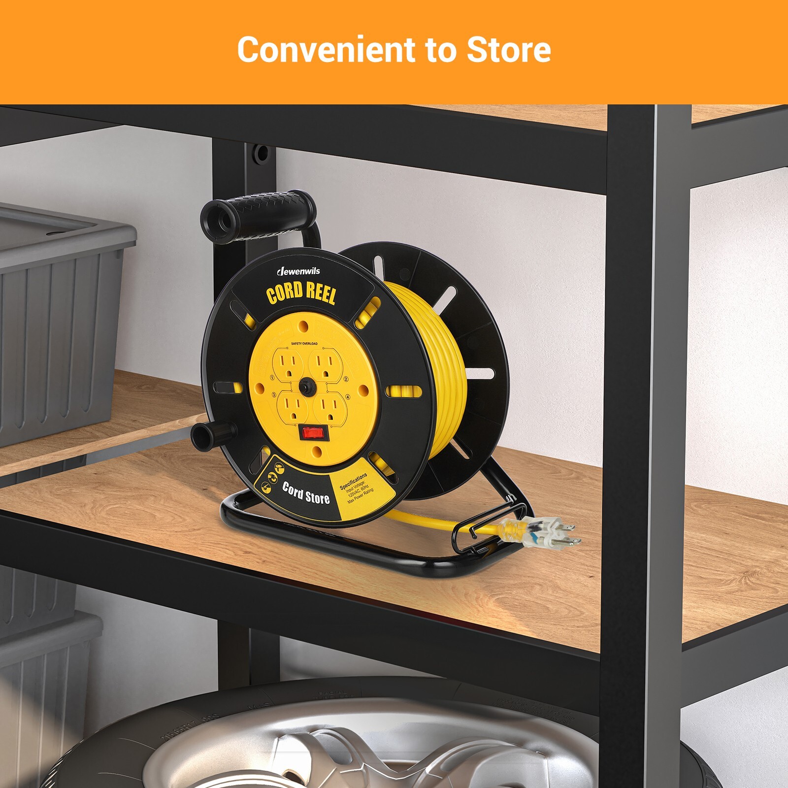 DEWENWILS Electrical Cord Extension Storage Reel with 4 Outlets Integrated Cord