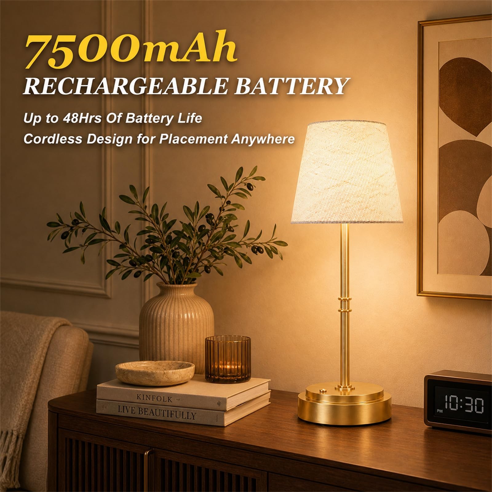 Rechargeable Cordless Table Lamp Gold – 1 Pack Brass 7500mAh Battery Operated…