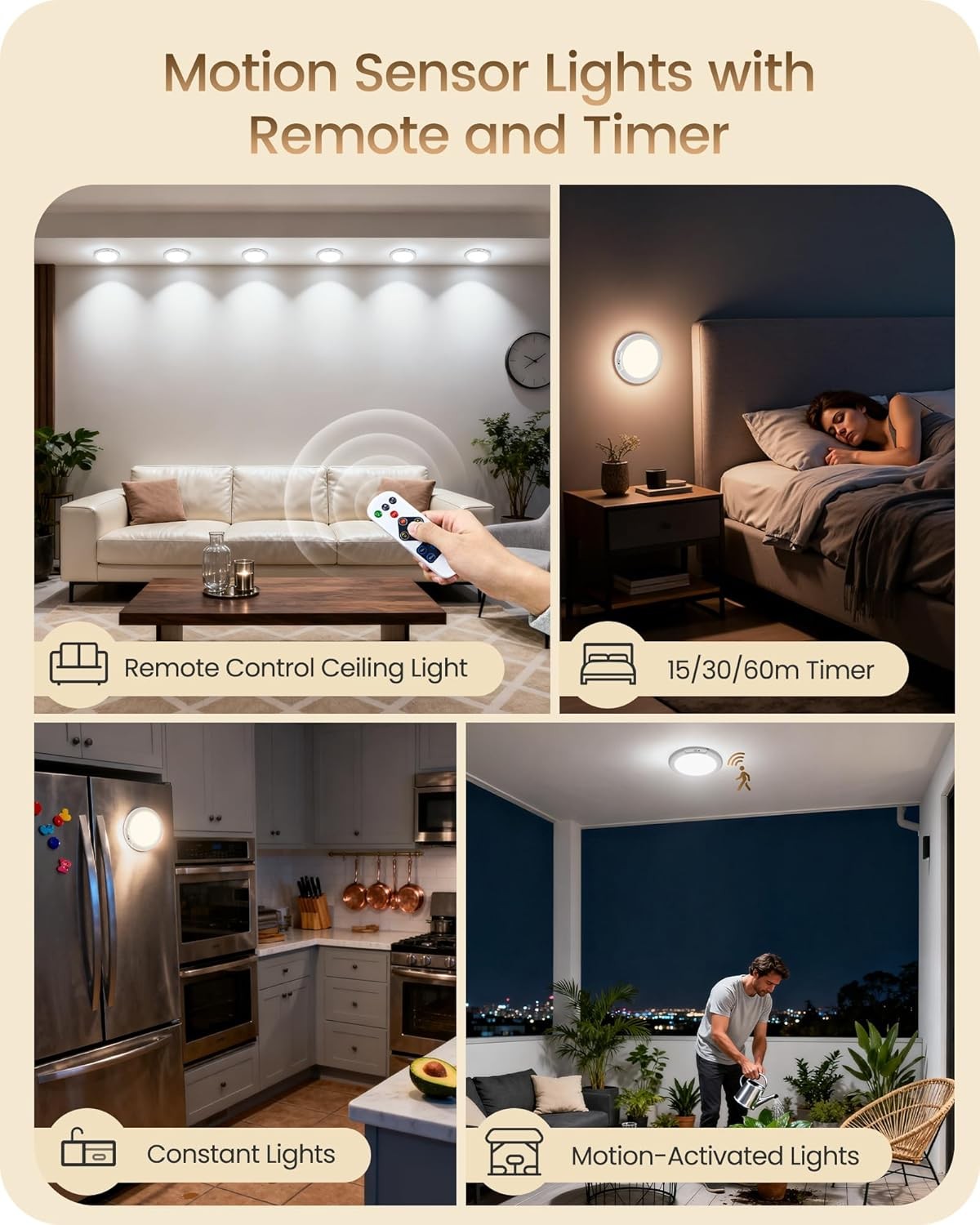 4Pack Rechargeable Motion Sensor Ceiling Light with Remote Wireless LED 3 Colors