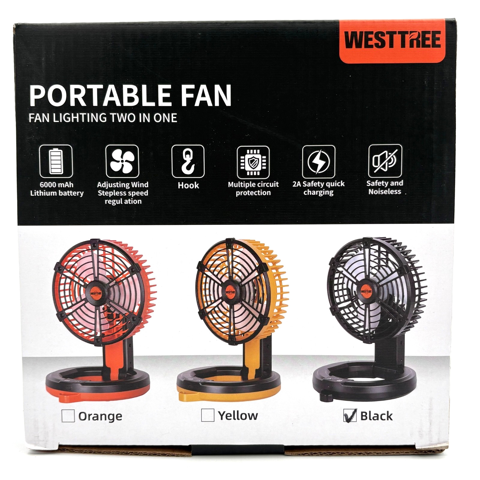 Westtree Portable Rechargeable Fan 6000mAh Black Stepless Speed