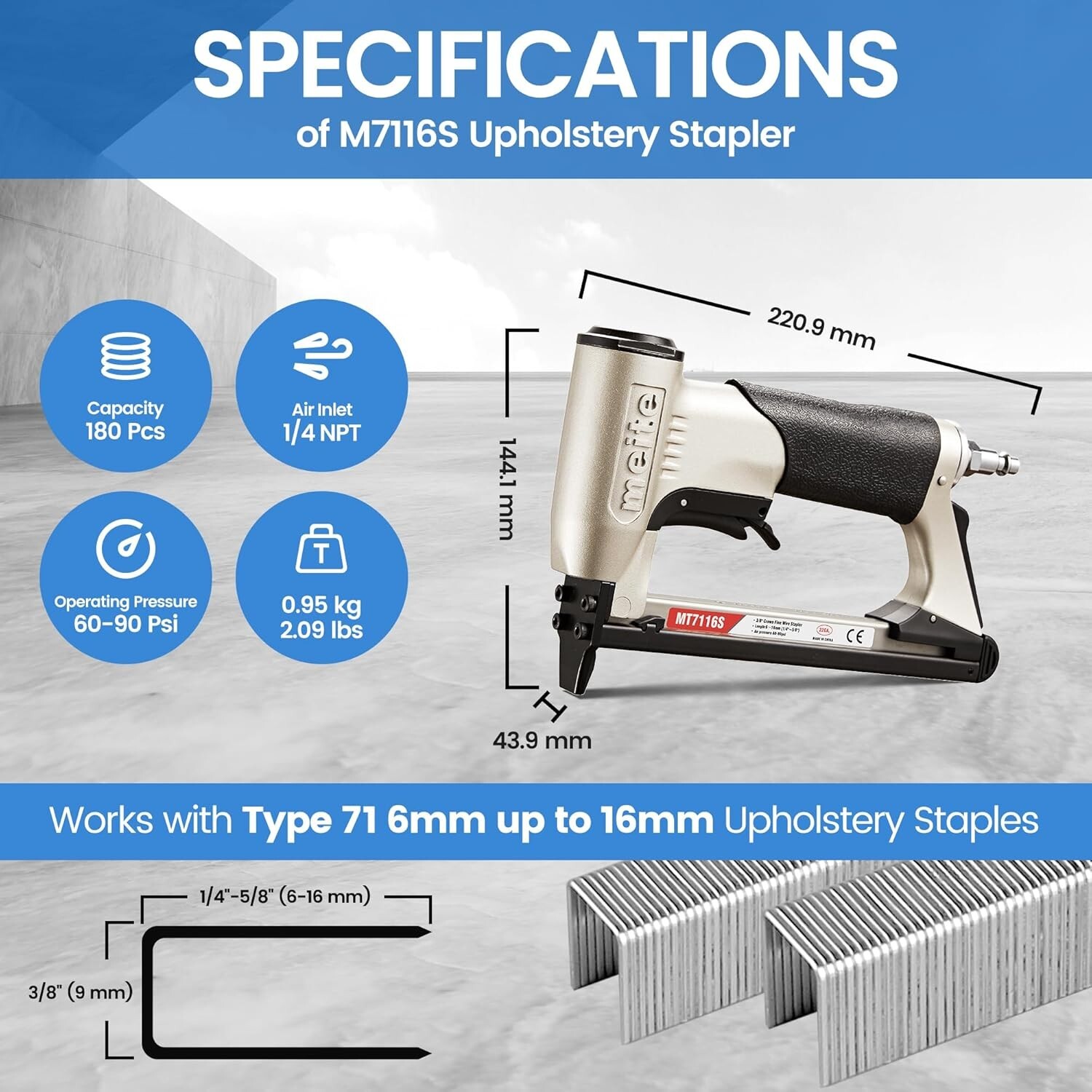 meite MT7116S Pneumatic Upholstery Stapler Industrial Stapler with Safety
