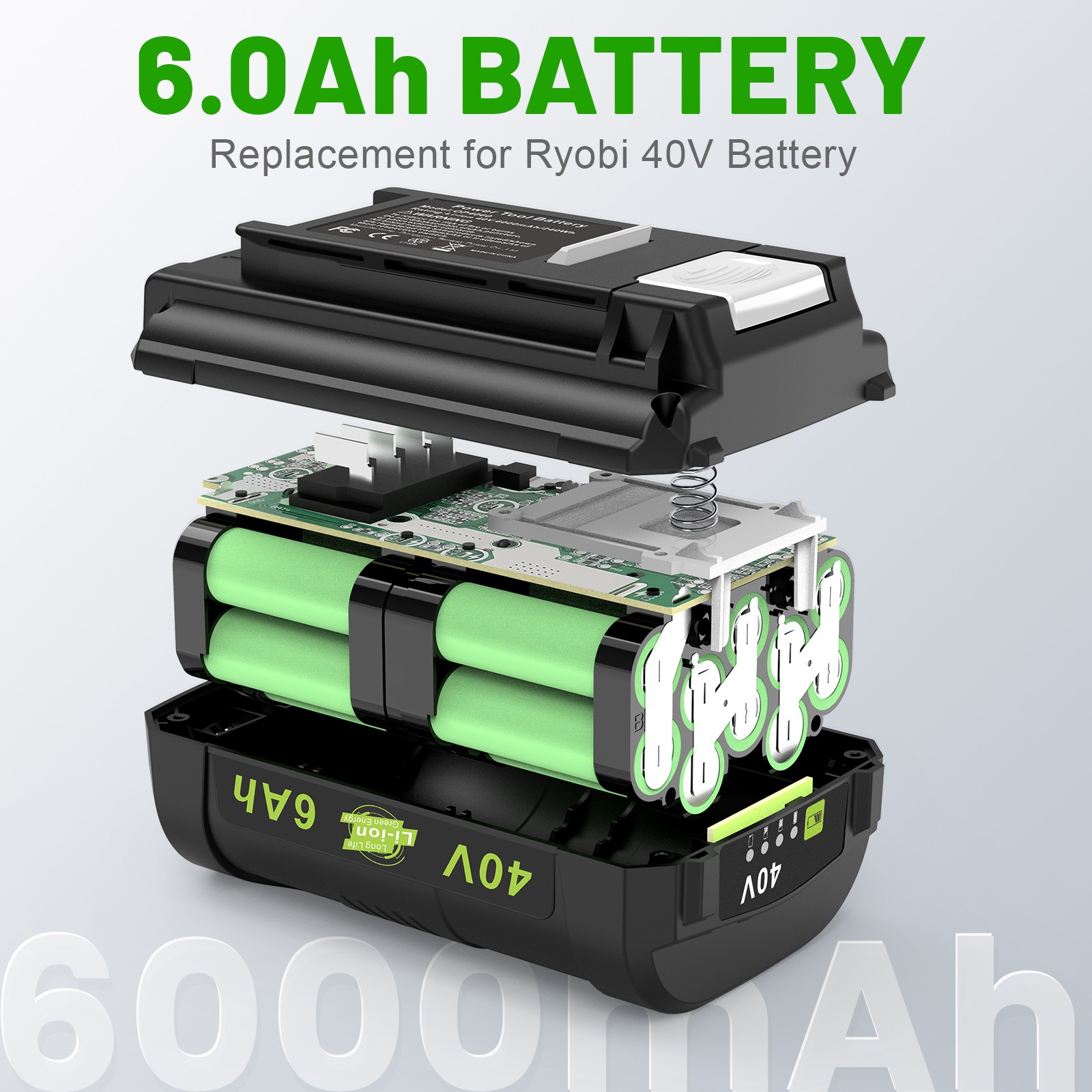 40V 6.0Ah Lithium Battery for Ryobi 40 Volt OP4050 OP40602 OP40261 OP4060 OP4030