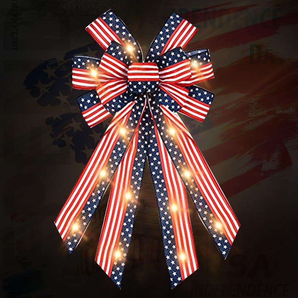 Large LED Patriotic Wreath Bows for Front Door, 4th of July Red Blue White Strip