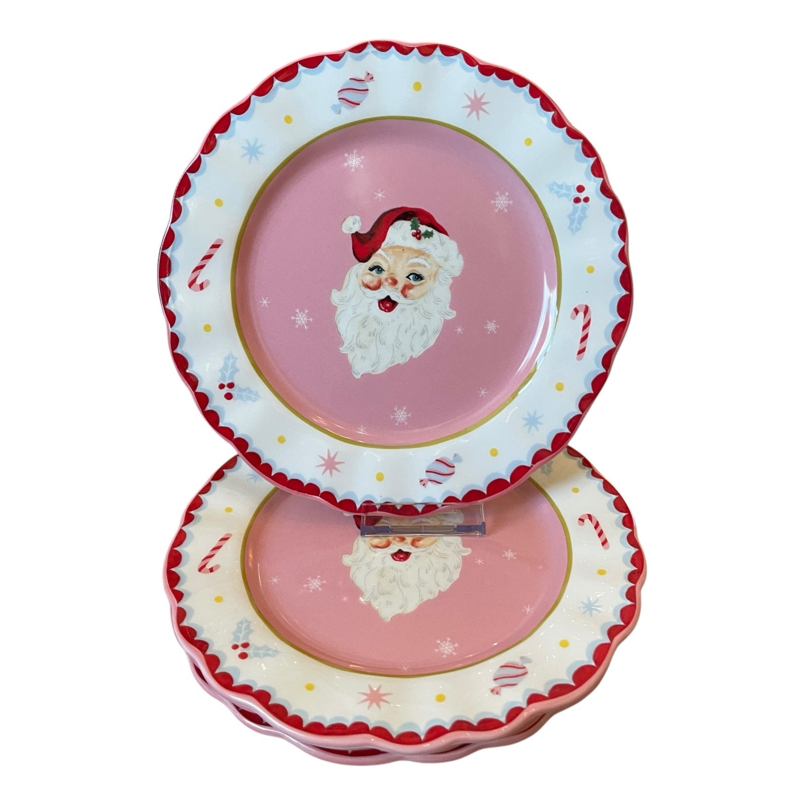 Potter’s Studio PINK SANTA Salad Plates 8.5in Ceramic Set of 4 Christmas New