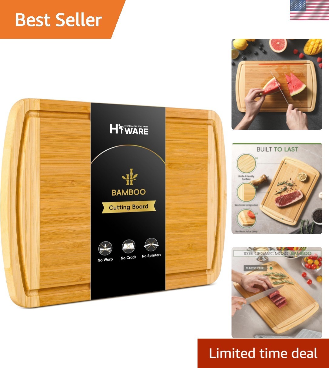 Large Wooden Cutting Board for Kitchen Meal Prep & Serving – Bamboo Cutting B…