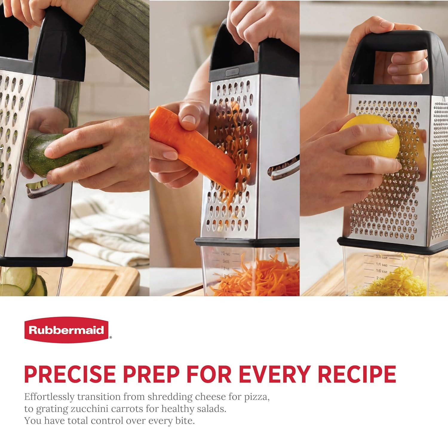 4-Sided Steel Box Grater with Measuring Container & Non-Slip Base