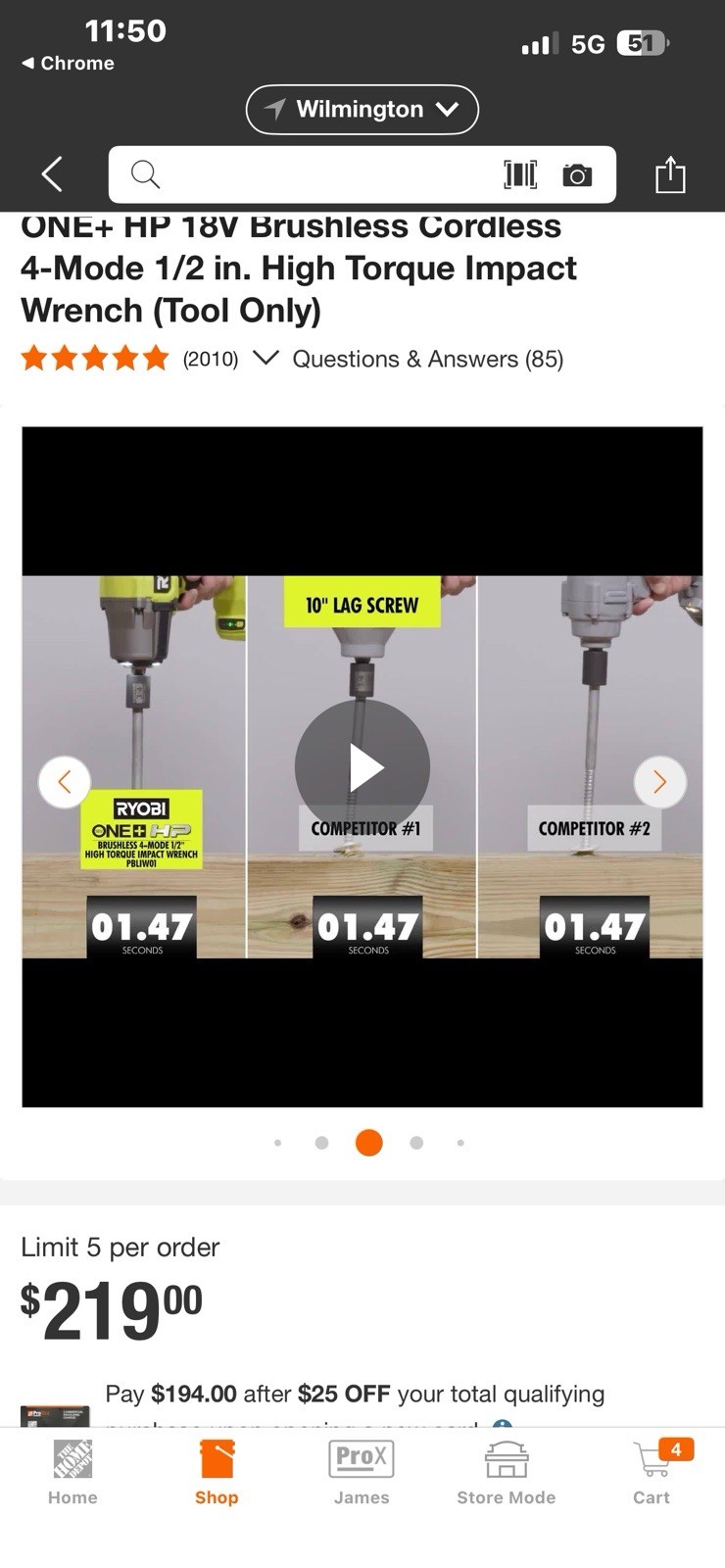 Ryobi 18V Brushless Cordless Impact Wrench 1/2″ 4-Mode High Torque-Tool Only