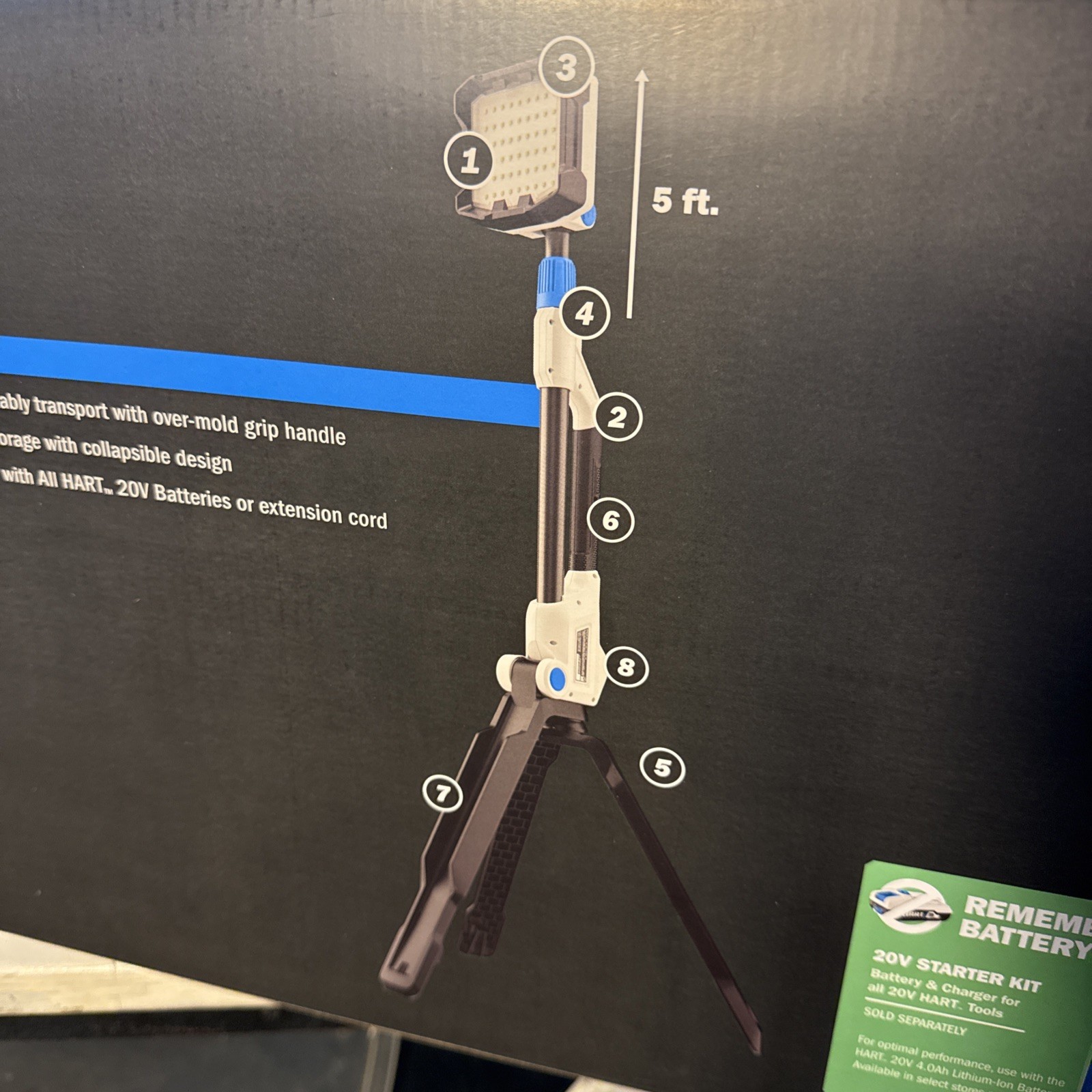 Hart New Hybrid 20v Cordless Tripod LED Work Light 2,700 Lumens 5 ft Tool