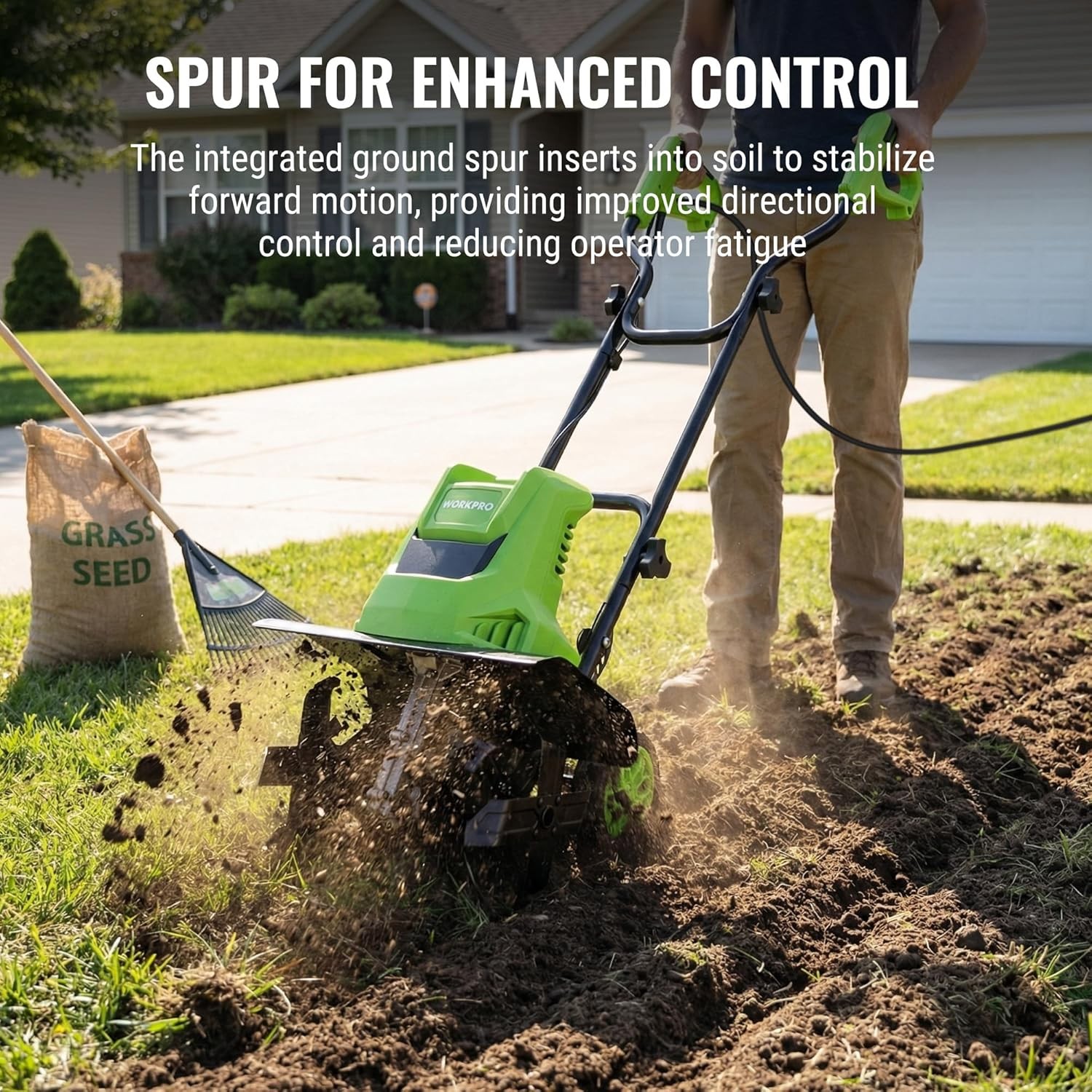 WORKPRO 1500W Electric Tiller 12.5A Corded Cultivator w/6 Steel Tines 16″Wx8.7″D