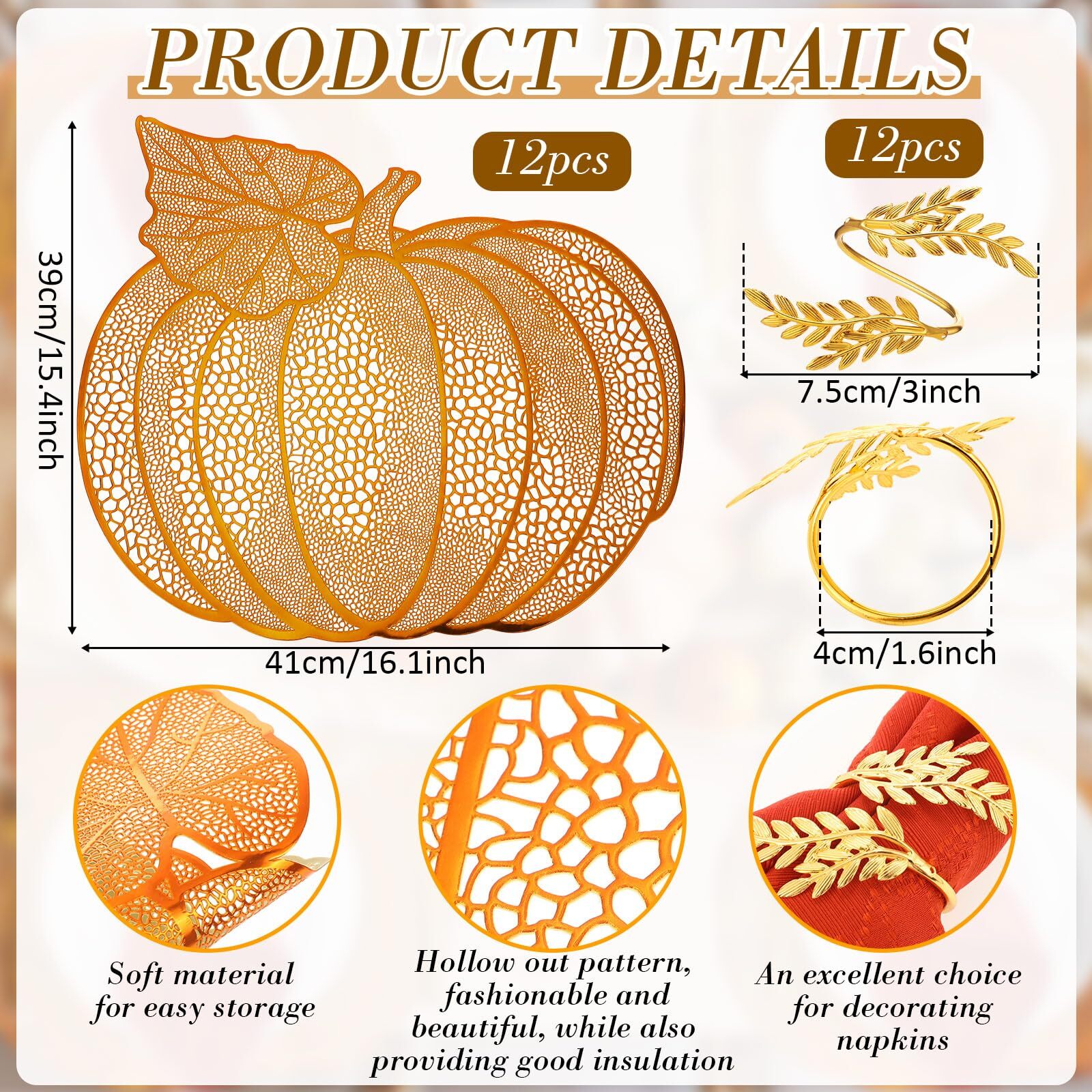 Pumpkin Placemats Set of 12 Fall Napkin Rings Autumn Hollow Out Thanksgiving