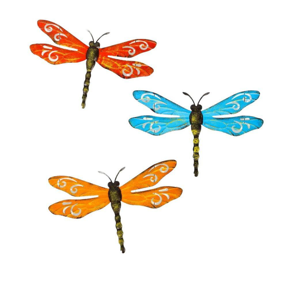 15.5 In. X 9.8 In. 3 Pieces Metal Dragonfly Wall Decor Sculpture Outdoor Garden