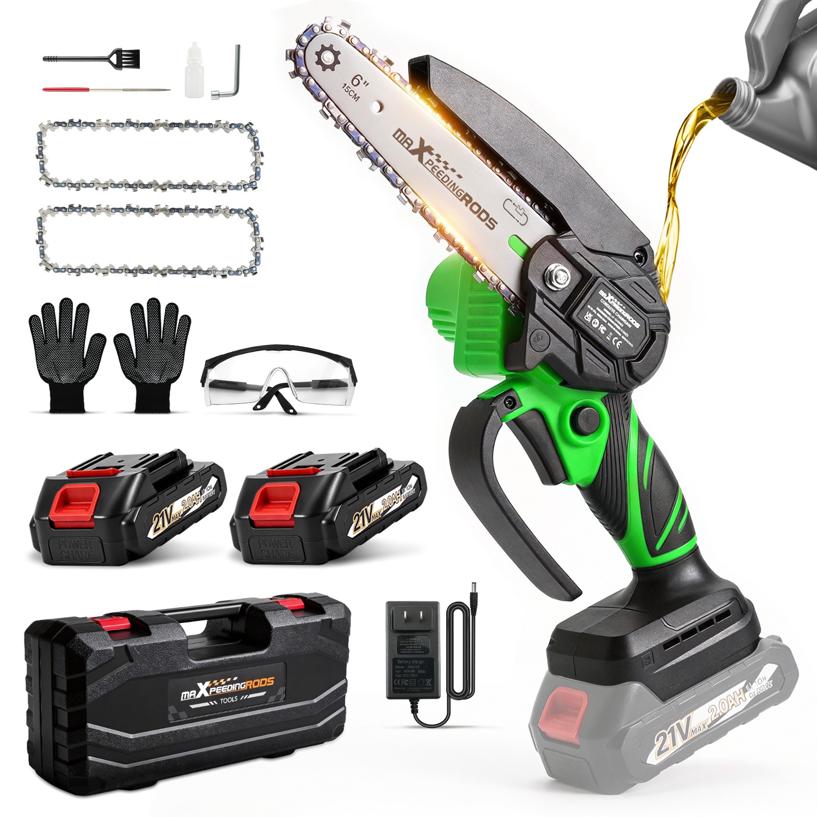 21V for Cordless Mini Chainsaw with 2 Batteries 6inch Guide Bar Wood Pruning