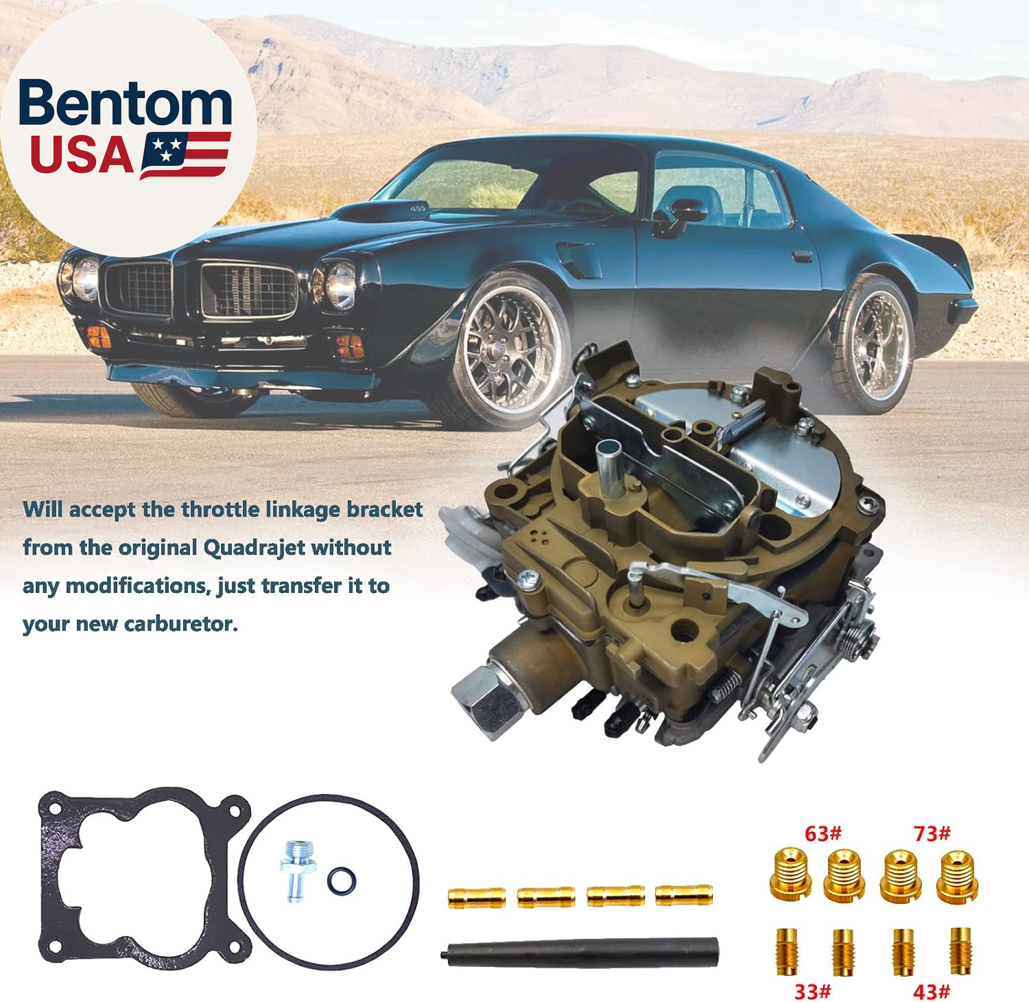 4 Barrel Quadrajet 750CFM Carburetor with FRONT/STRAIGHT GASOLINE INLET, Replace