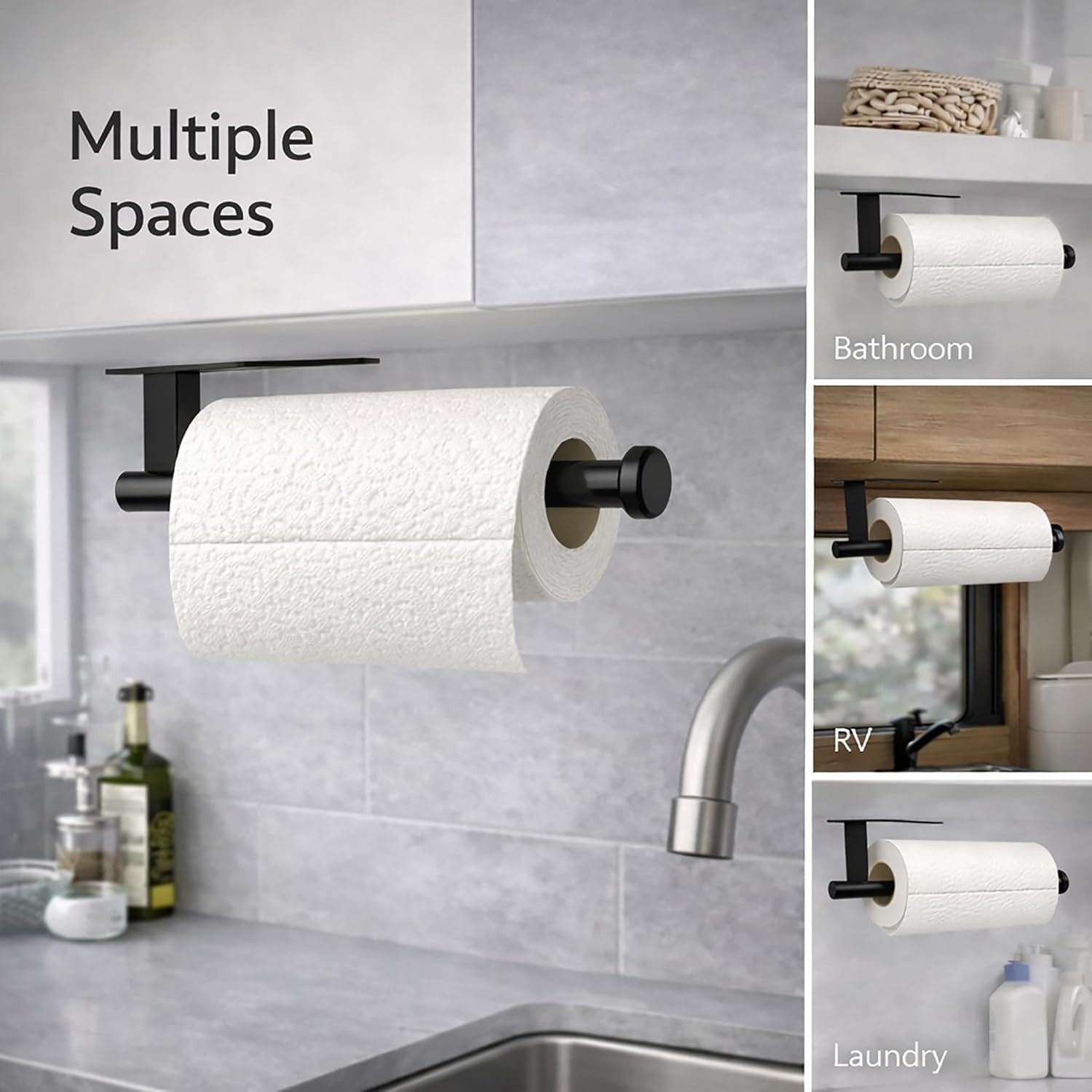 Paper Towel Holder Wall Mount SUS304 Stainless Steel Under Cabinet Black