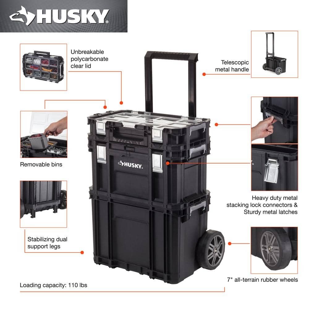 22 in. Husky Portable Rolling Tool Box on Wheels Cart Part Organizer Storage Bin