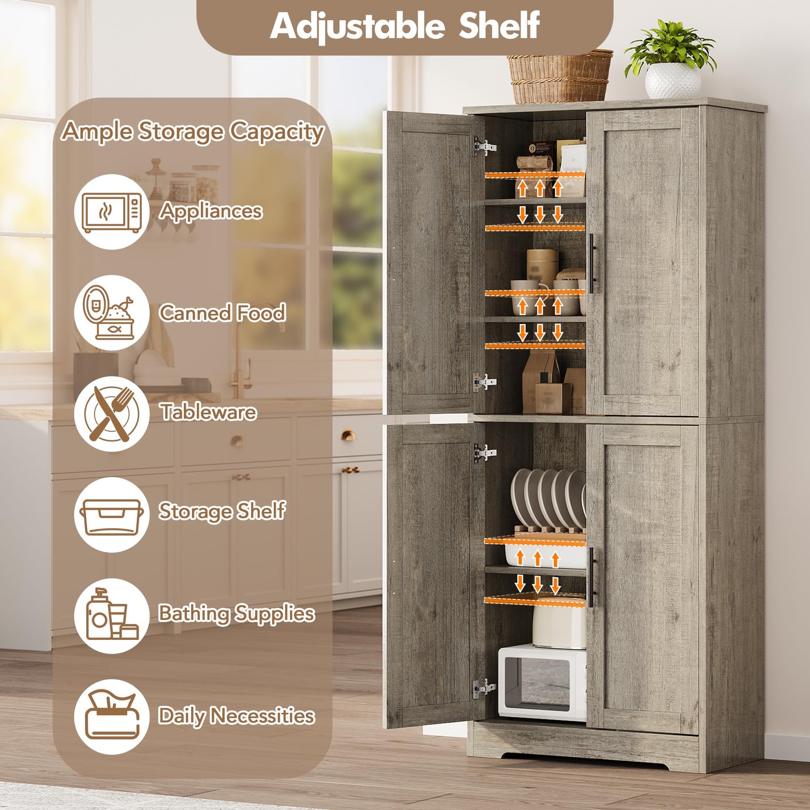 70″ Tall Kitchen Pantry Cabinet Storage Cabinet W/ 4 Doors & Adjustable Shelves