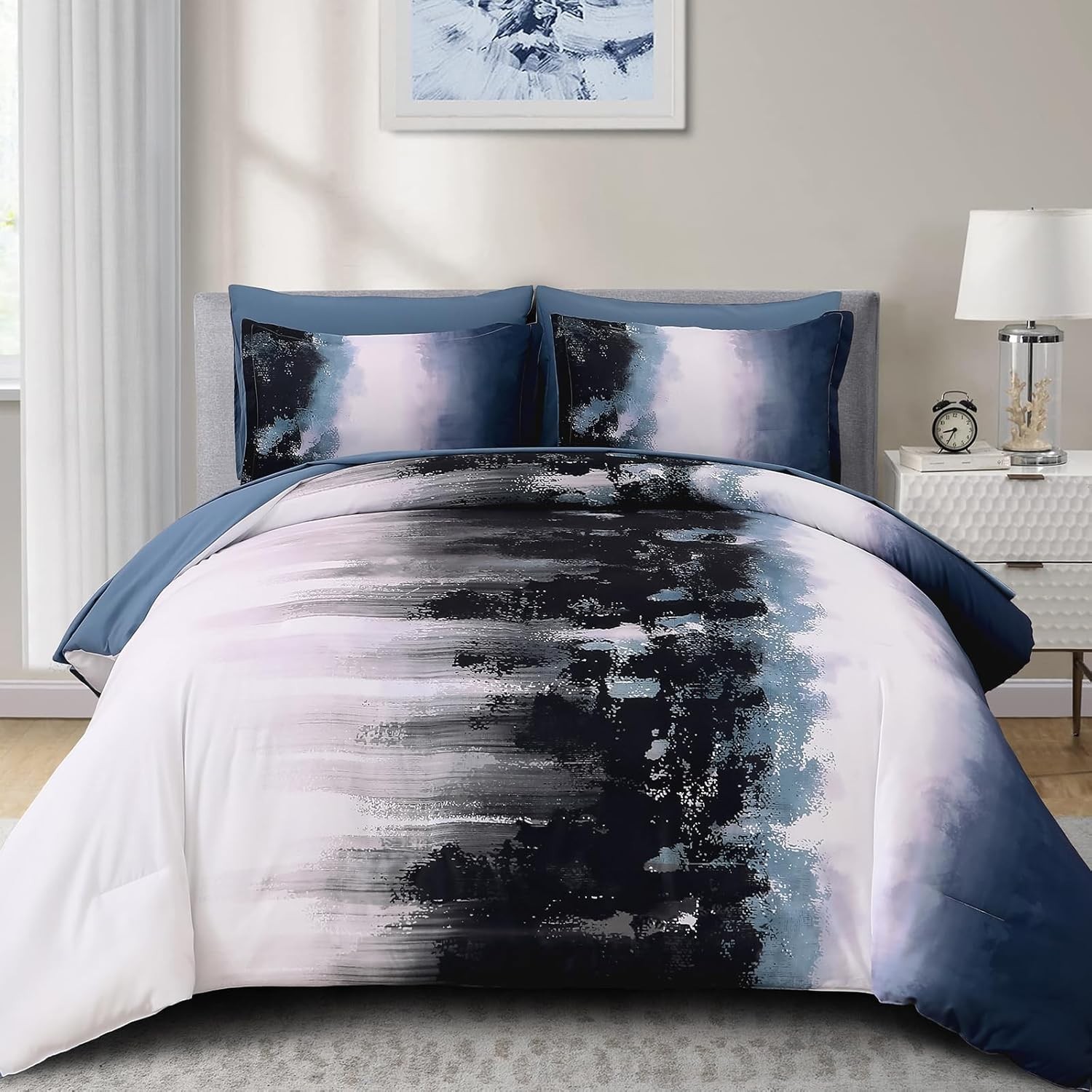 Ombre Blue Comforter Set Queen – 7 Piece Boho Bedding for Teens & Adults