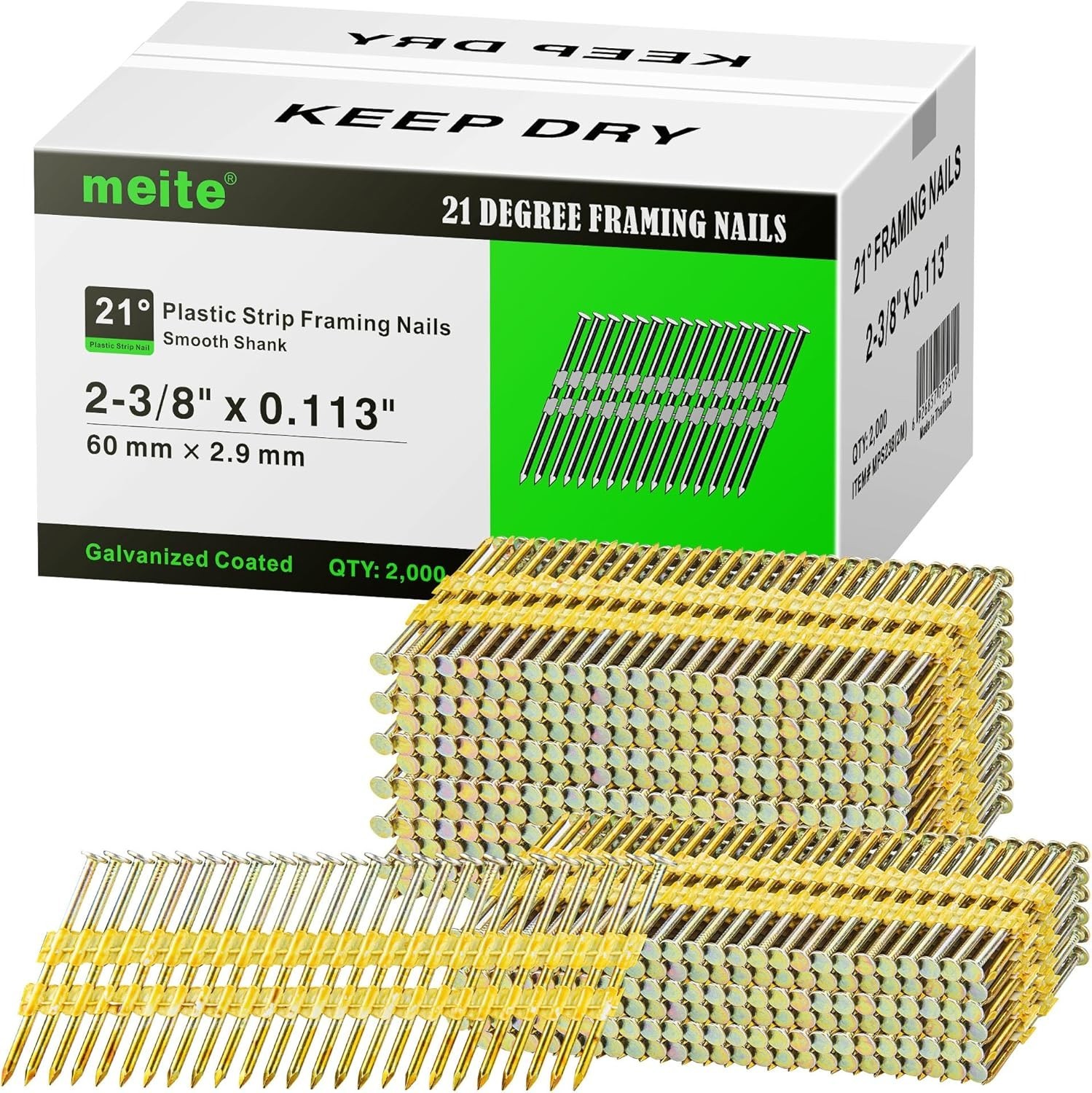 2,000 pcs 21 Degree Framing Nails 2-3/8″ to 3-1/2″Length Galvanized Smooth Shank